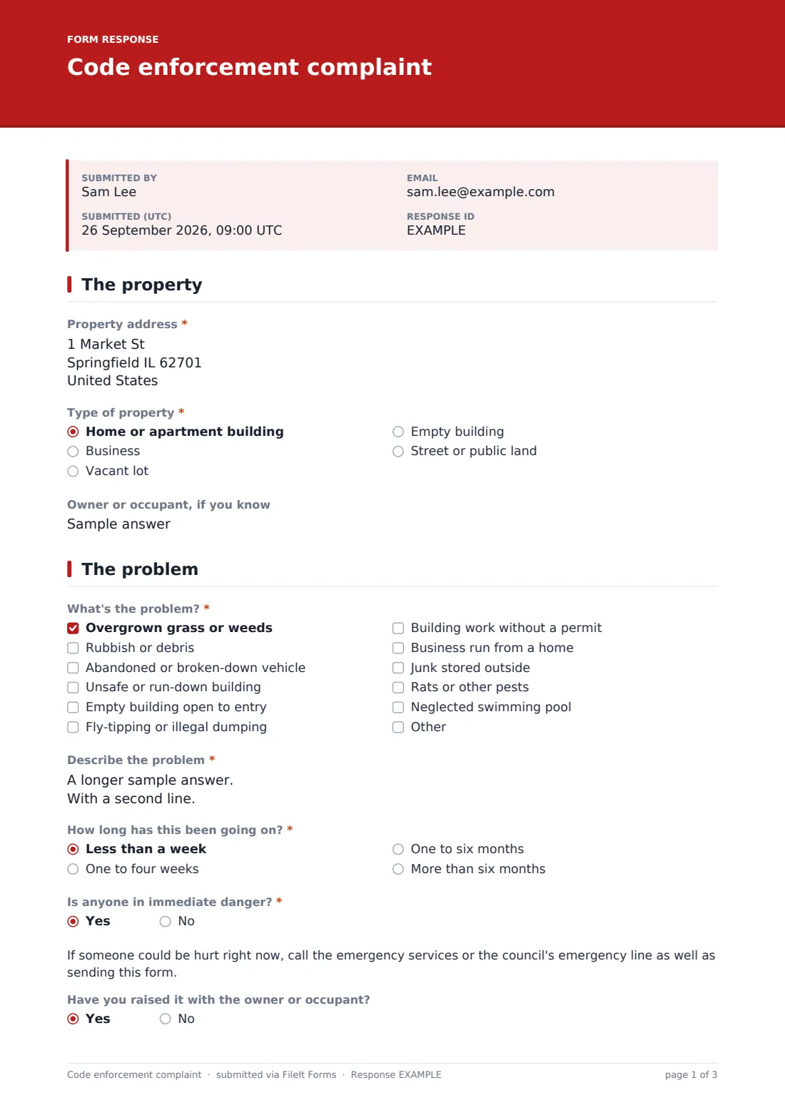 Code enforcement complaint — example response PDF, page 1 of 3