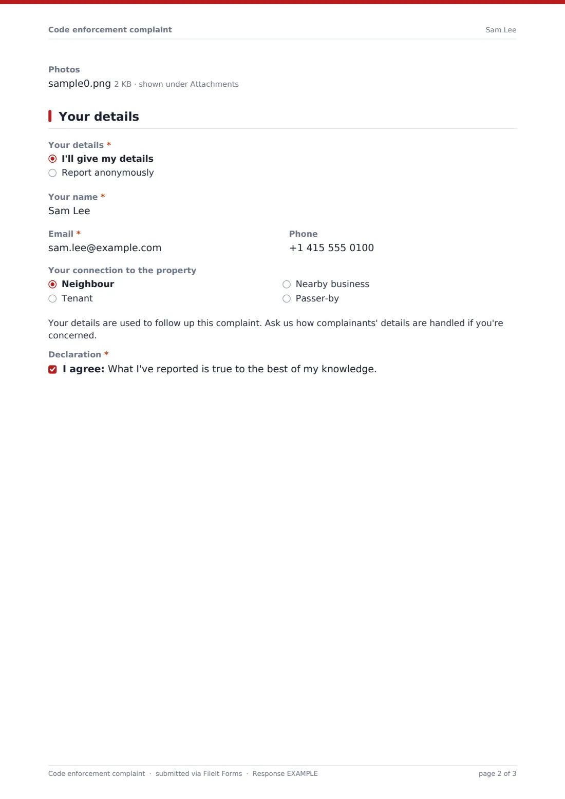 Code enforcement complaint — example response PDF, page 2 of 3