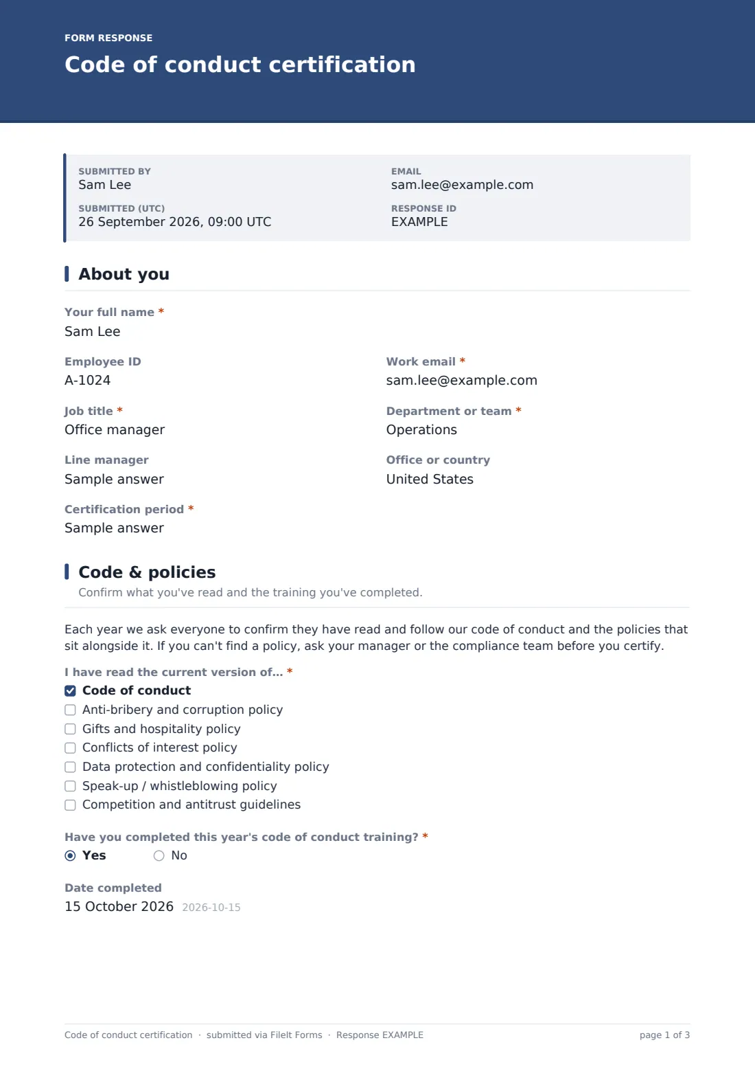 Code of conduct certification — example response PDF, page 1 of 3