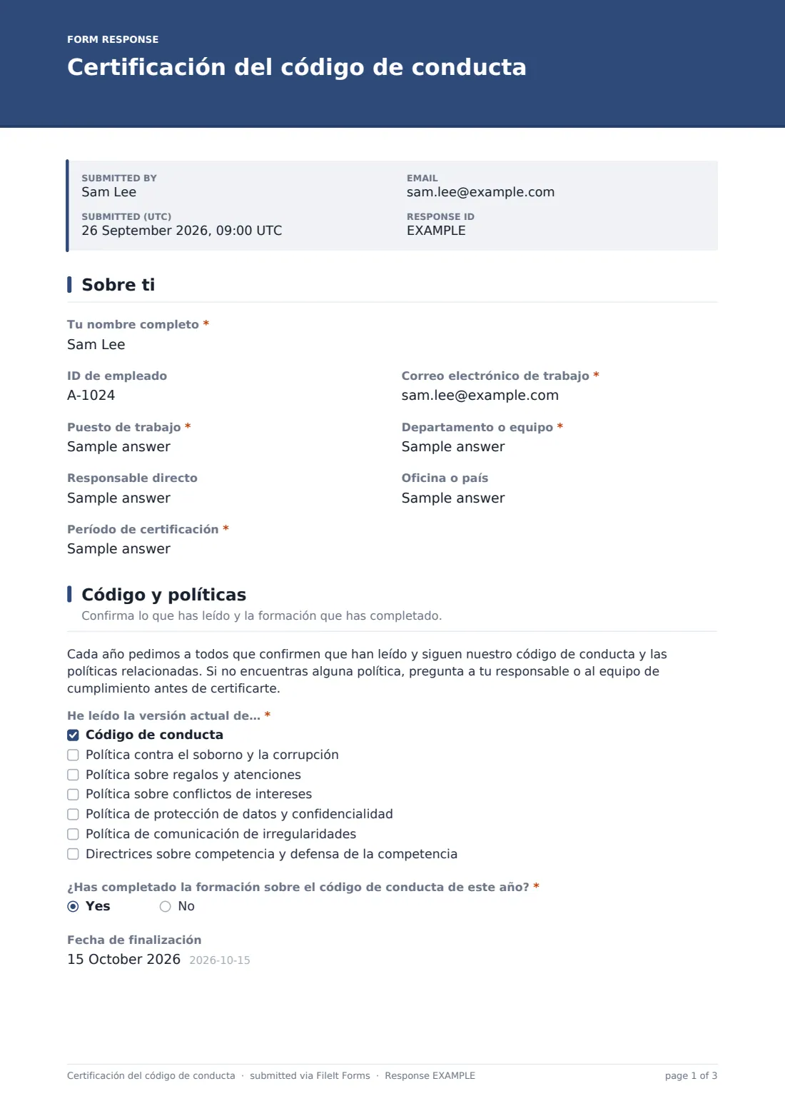 Certificación del código de conducta — PDF de respuesta de ejemplo, página 1 de 3
