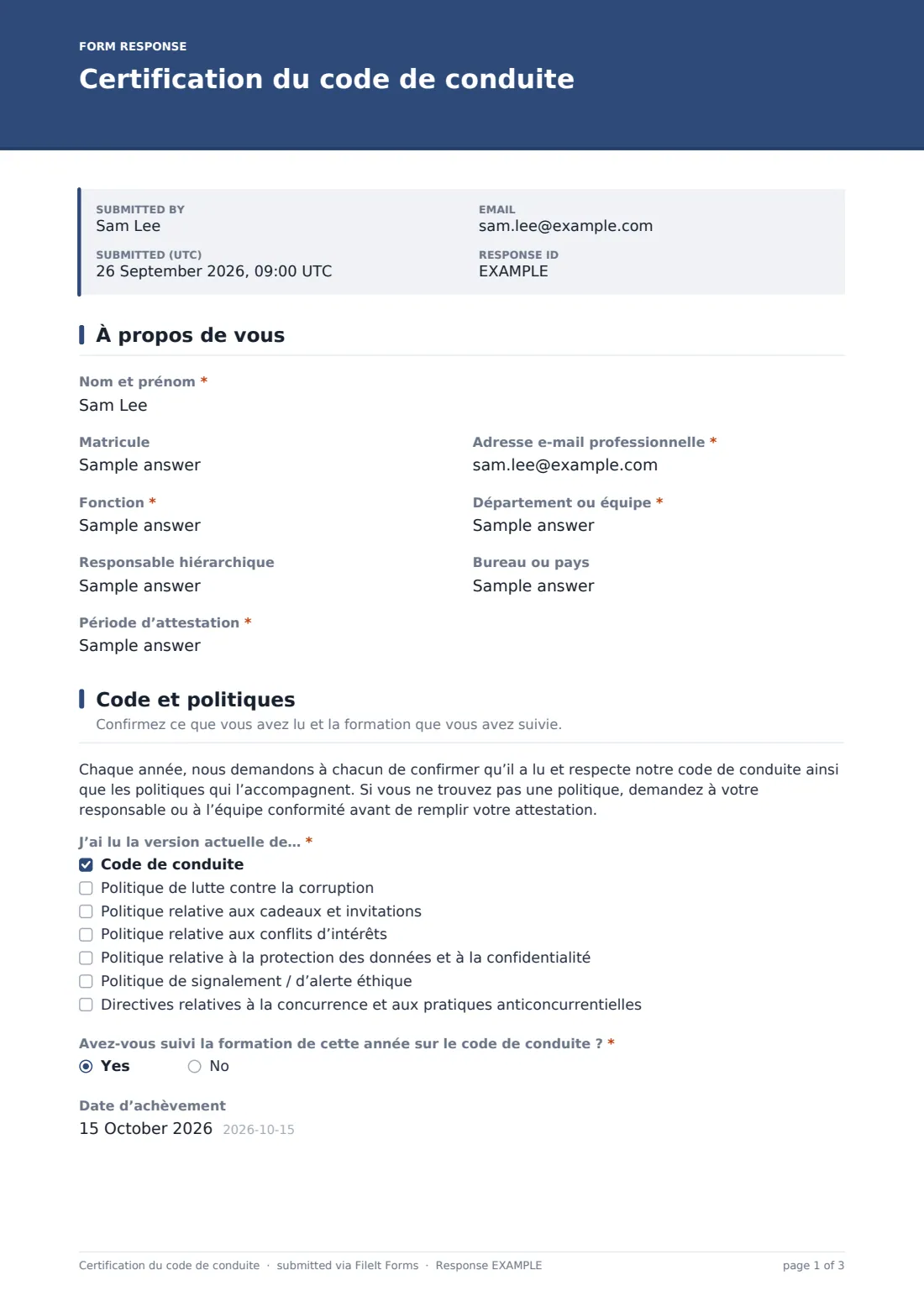 Certification du code de conduite — exemple de réponse au format PDF, page 1 sur 3