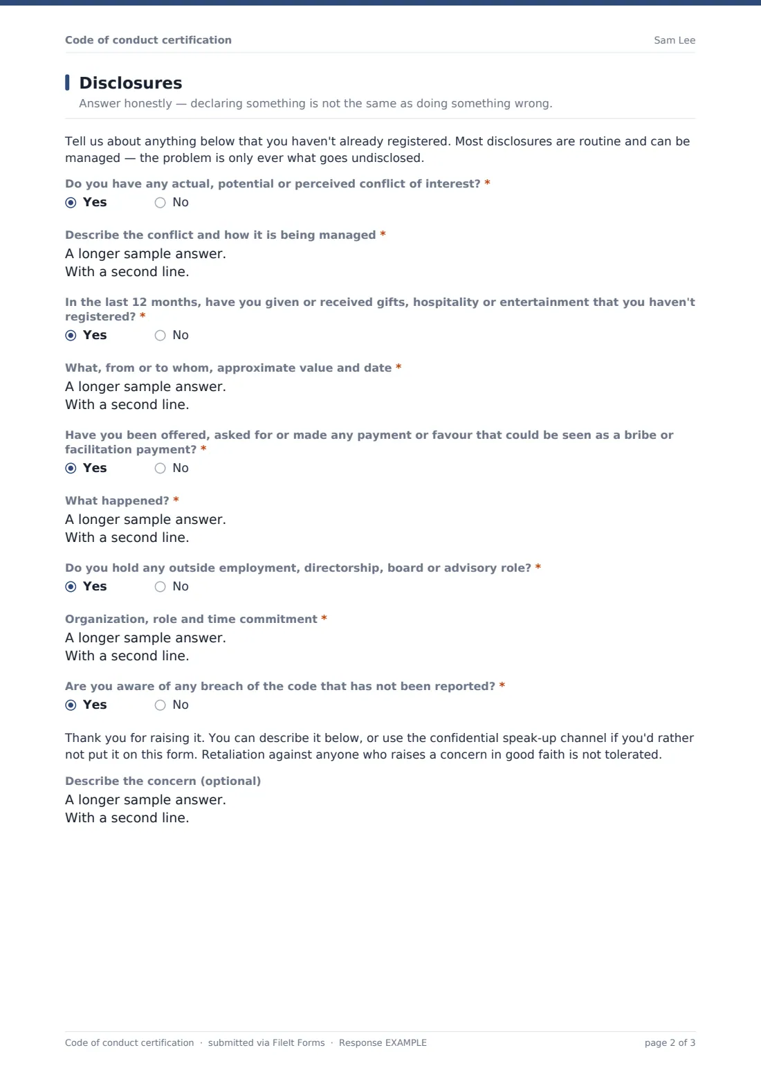 Code of conduct certification — example response PDF, page 2 of 3