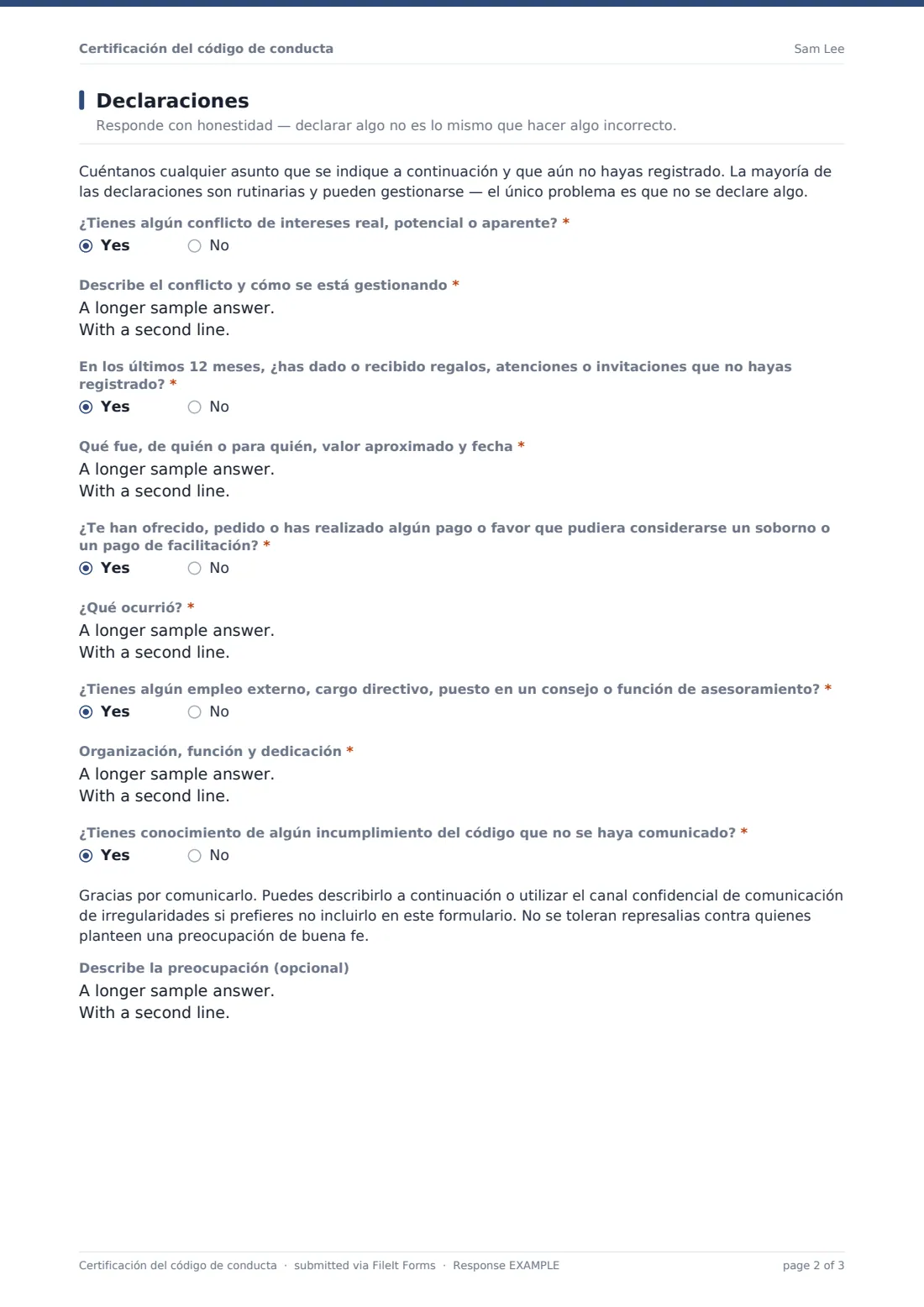 Certificación del código de conducta — PDF de respuesta de ejemplo, página 2 de 3