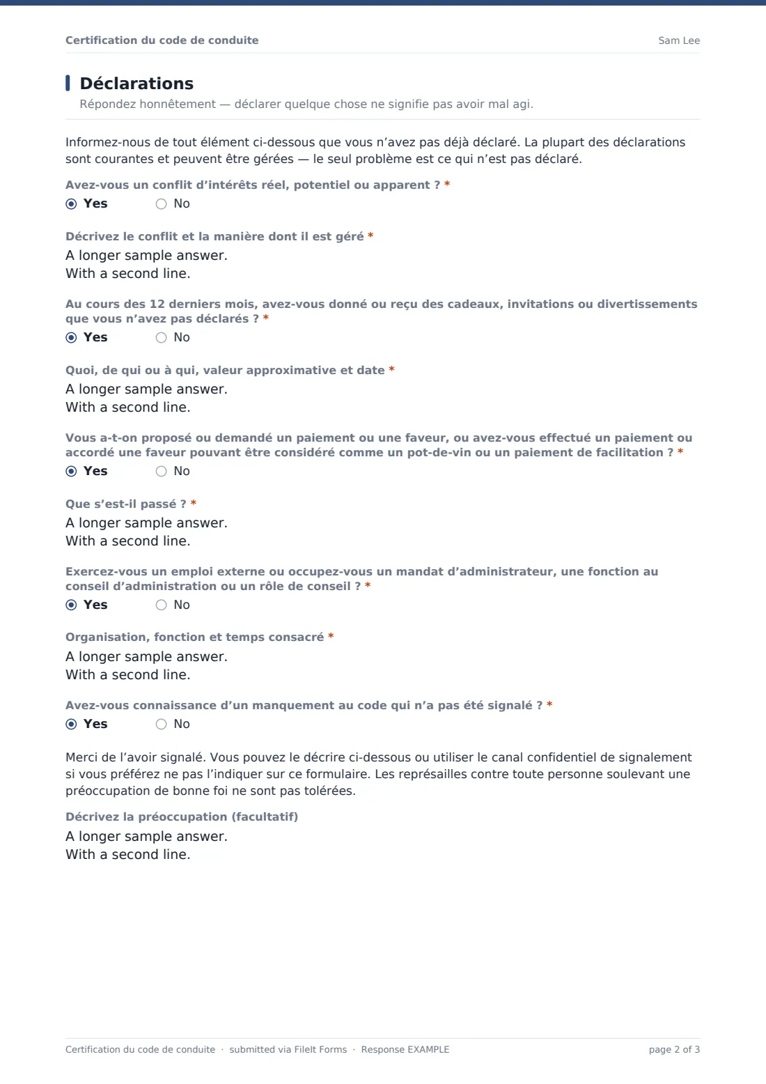 Certification du code de conduite — exemple de réponse au format PDF, page 2 sur 3