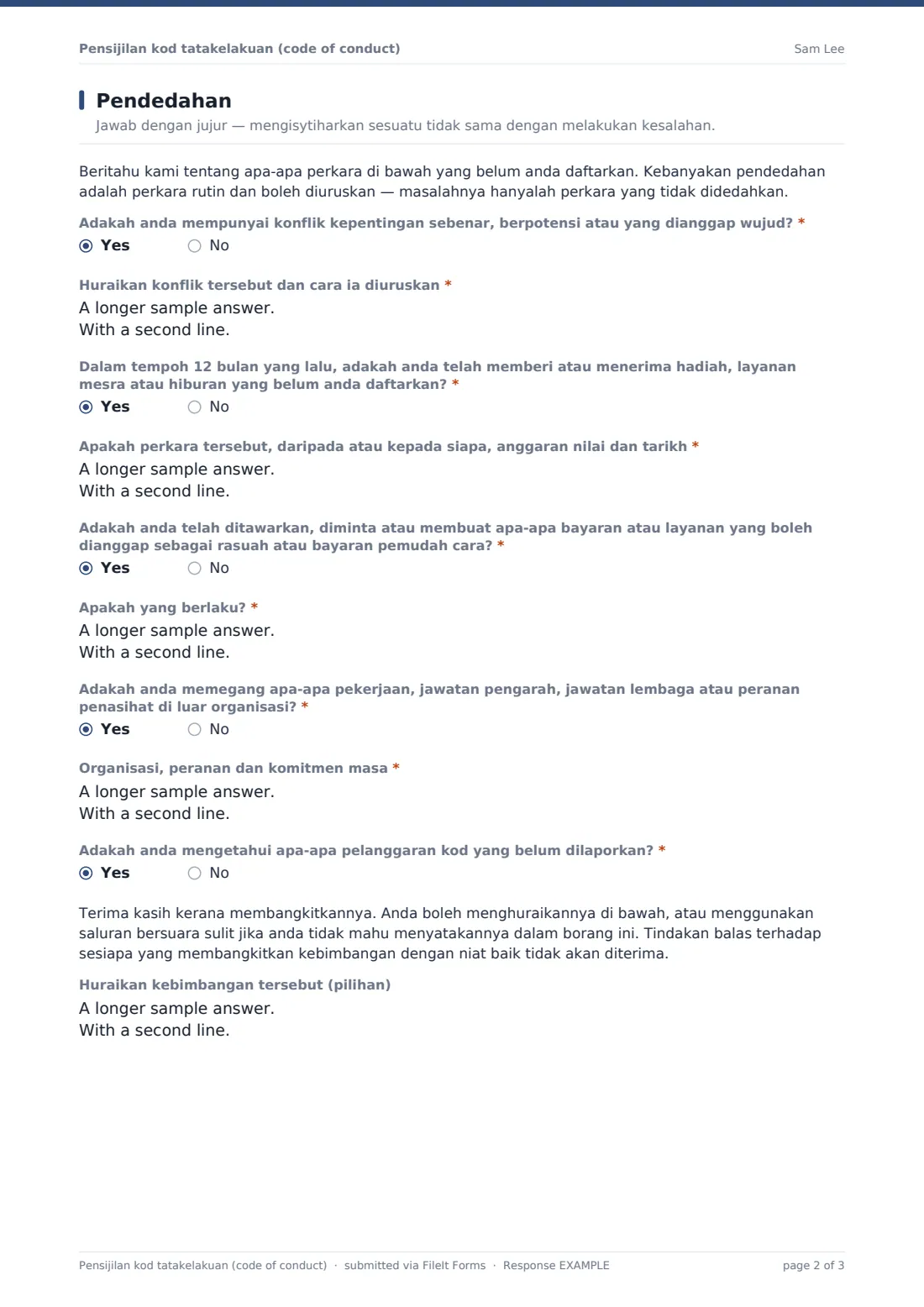 Pensijilan kod tatakelakuan (code of conduct) — PDF respons contoh, halaman 2 daripada 3