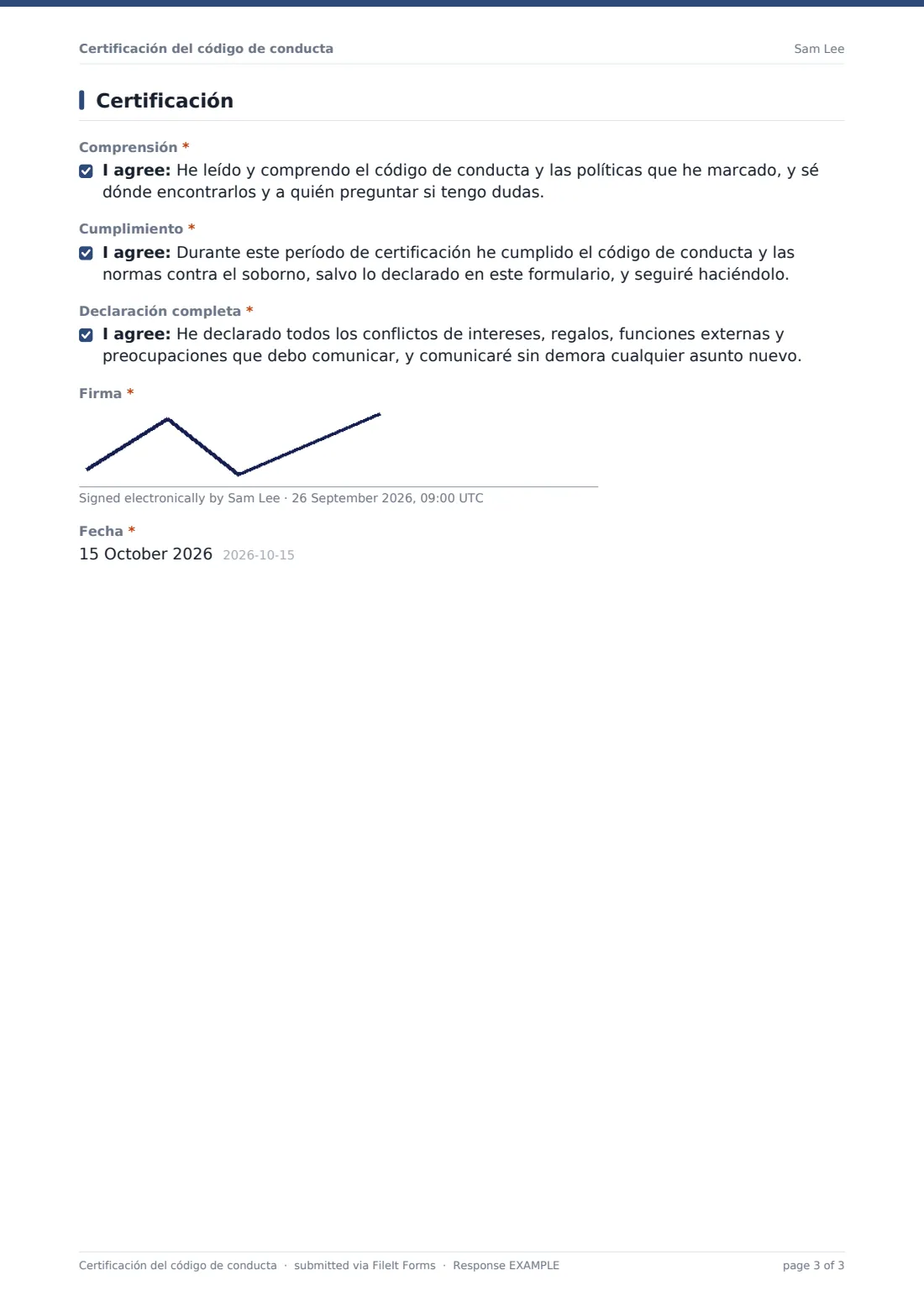 Certificación del código de conducta — PDF de respuesta de ejemplo, página 3 de 3