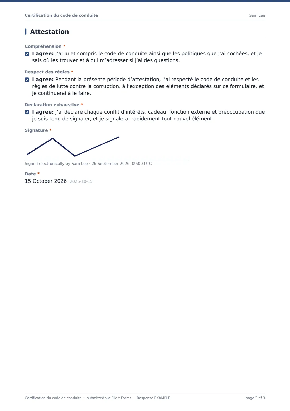 Certification du code de conduite — exemple de réponse au format PDF, page 3 sur 3