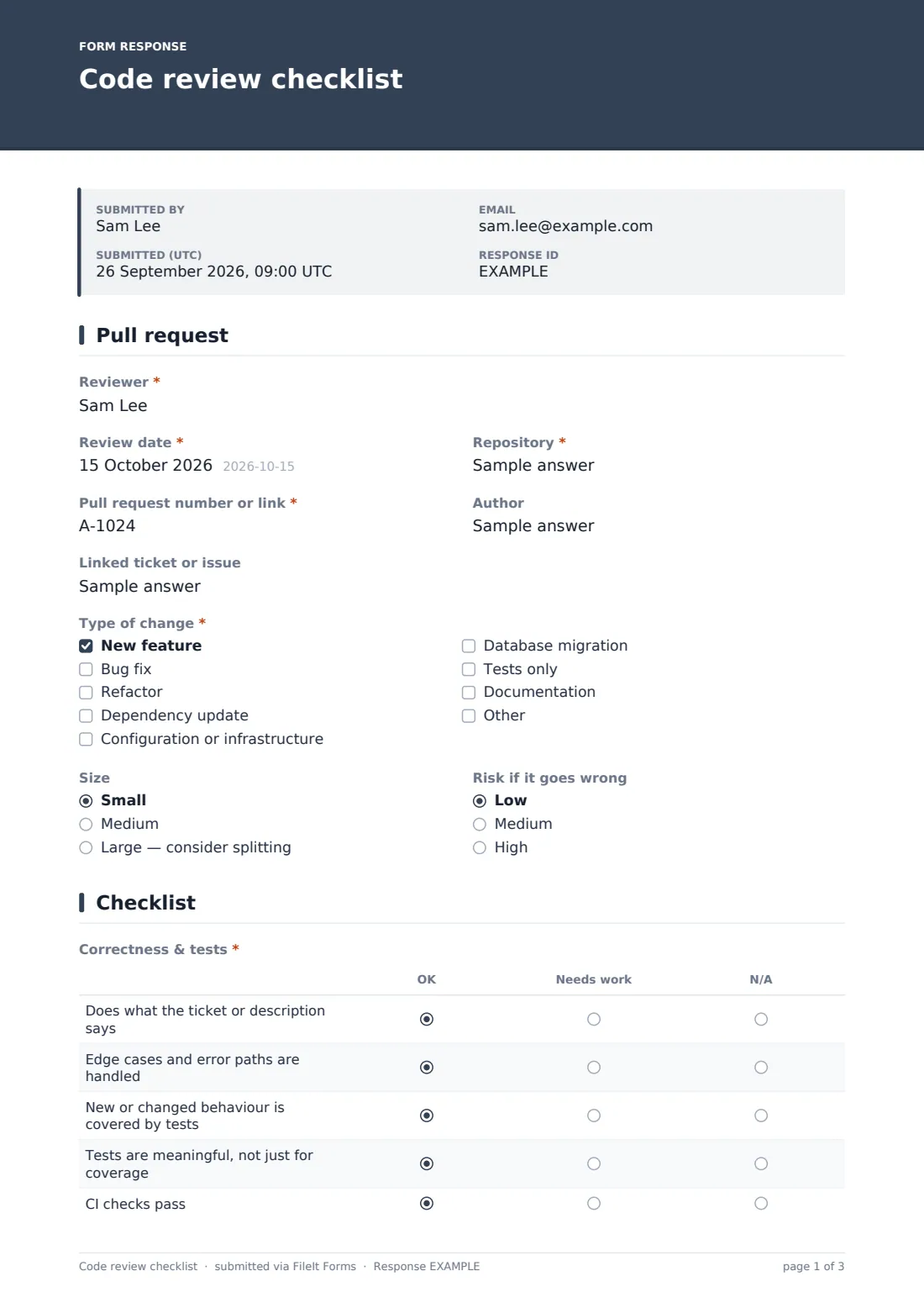 Code review checklist — example response PDF, page 1 of 3