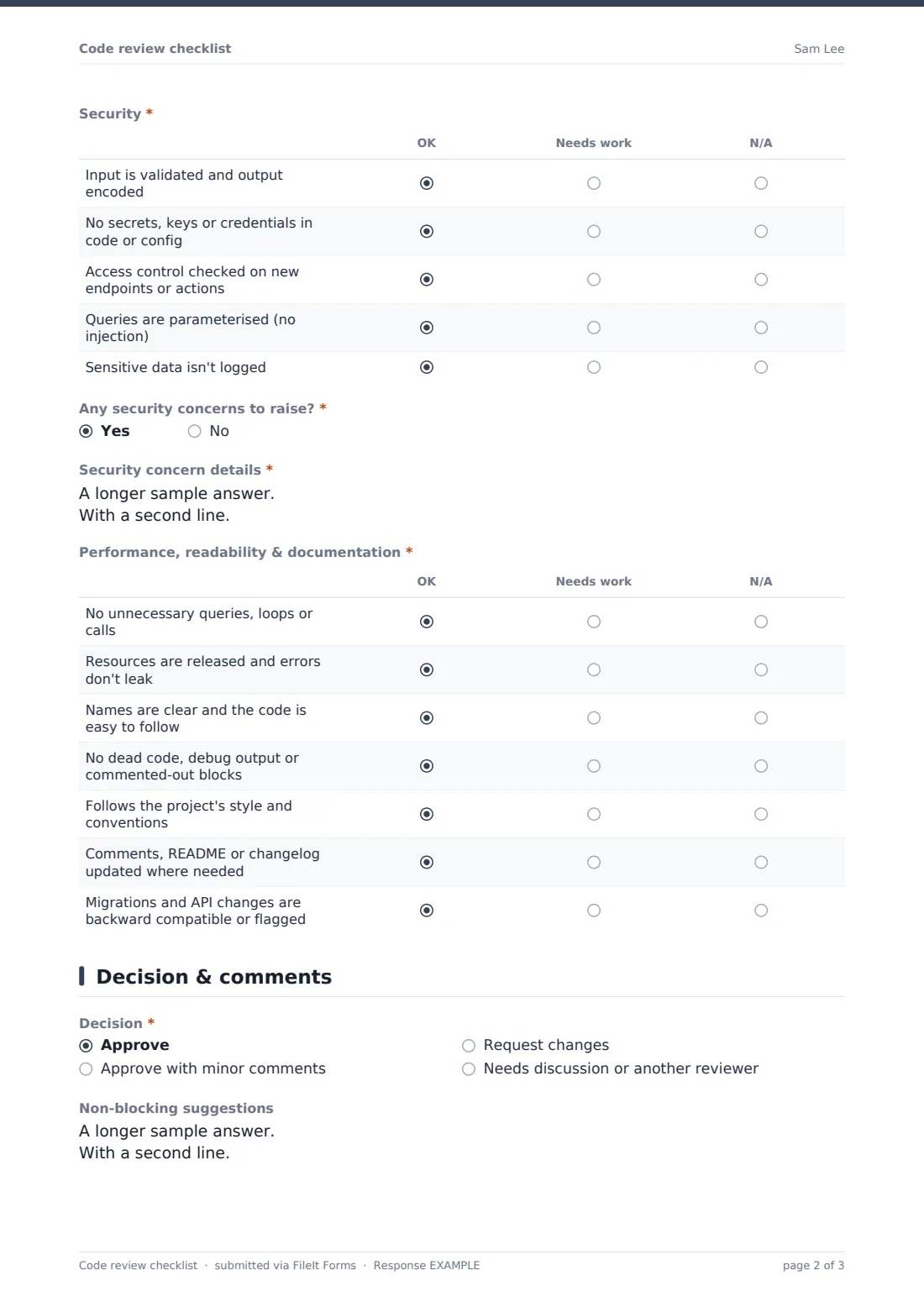 Code review checklist — example response PDF, page 2 of 3