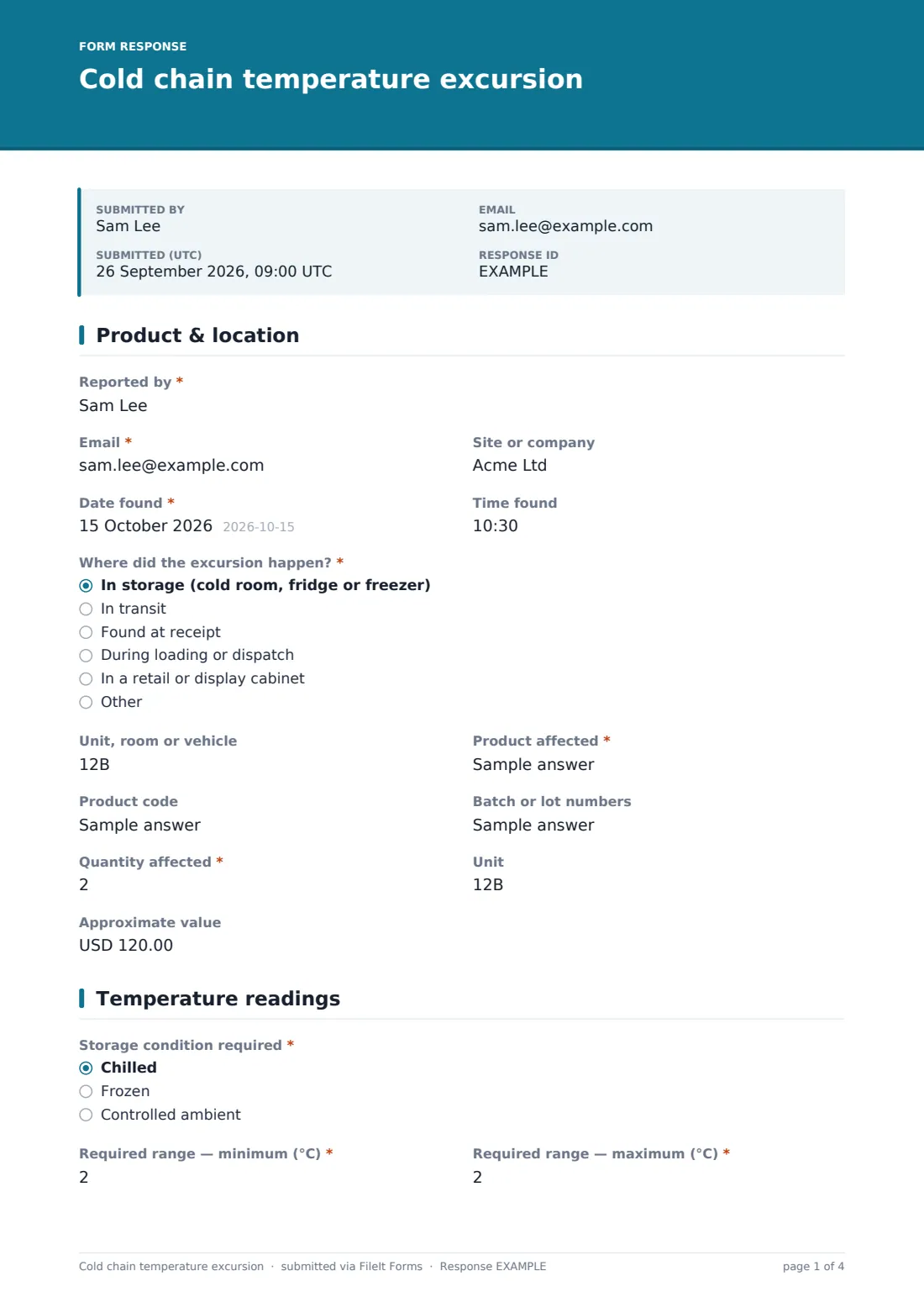 Cold chain temperature excursion — example response PDF, page 1 of 4