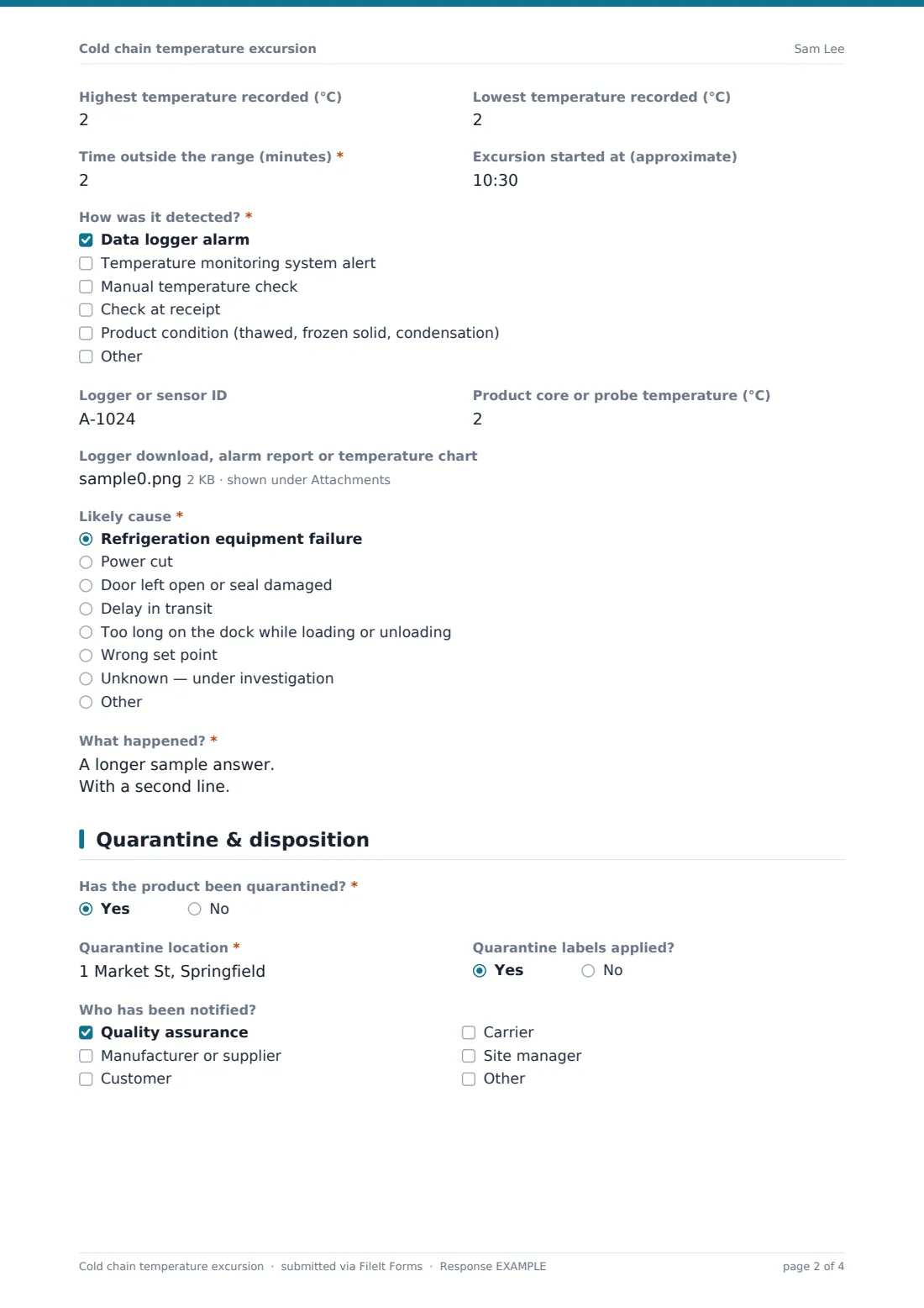 Cold chain temperature excursion — example response PDF, page 2 of 4
