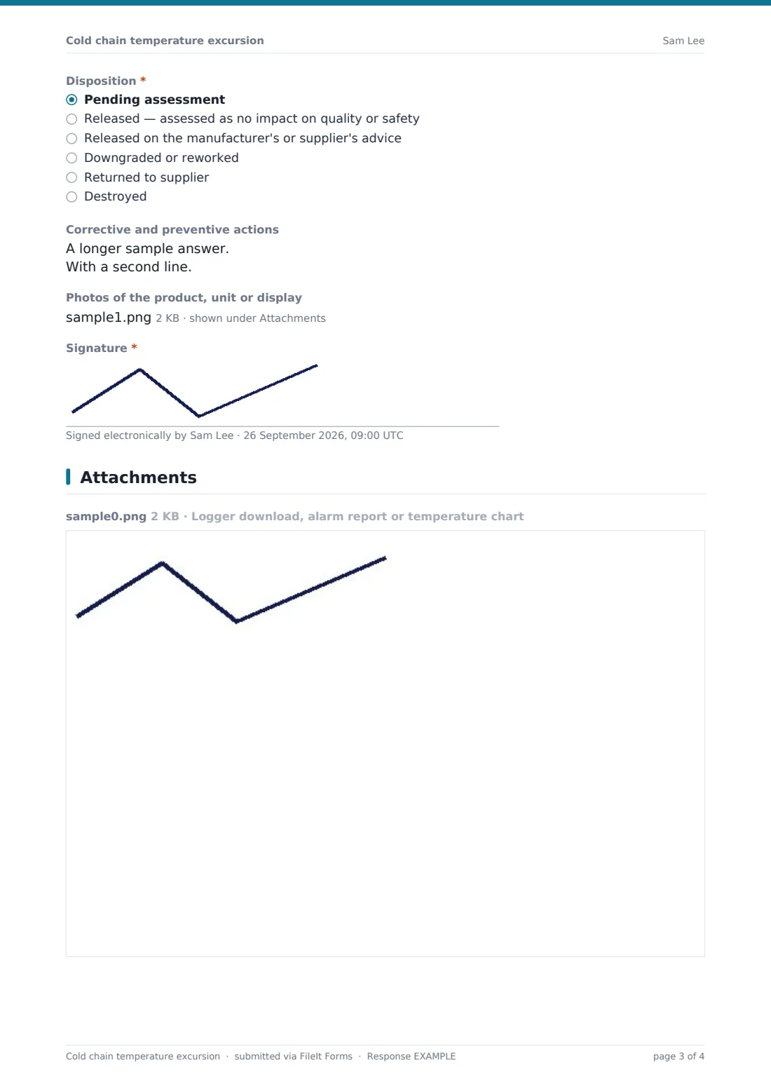 Cold chain temperature excursion — example response PDF, page 3 of 4