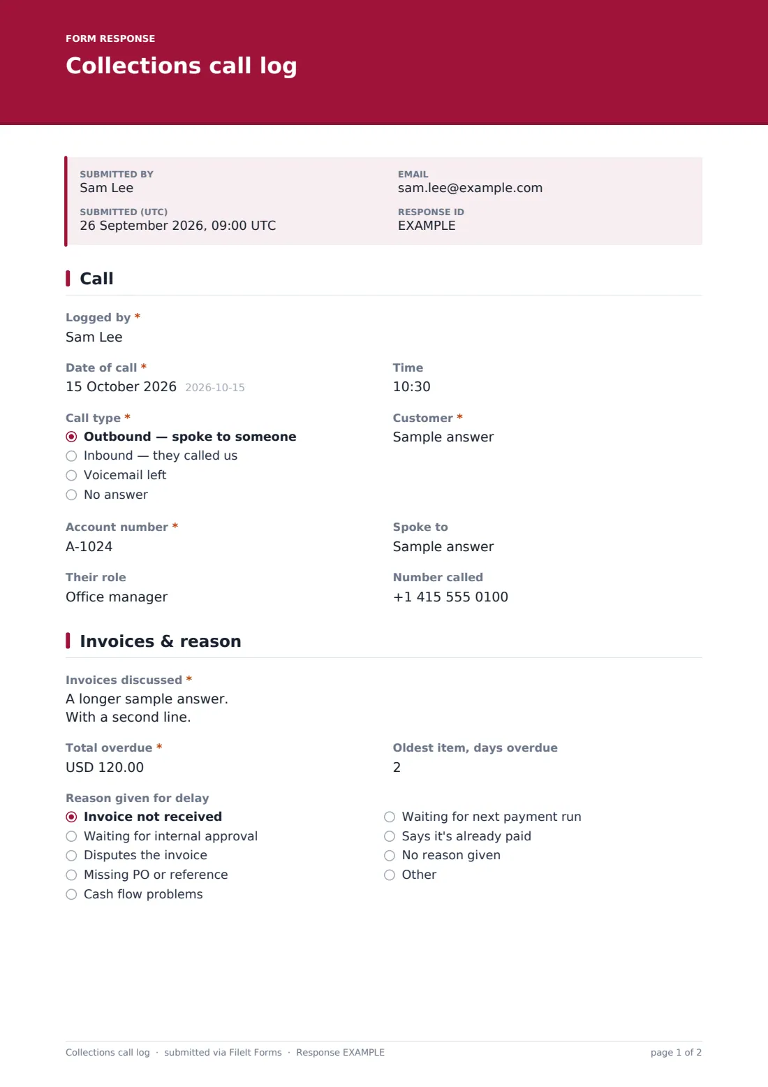 Collections call log — example response PDF, page 1 of 2