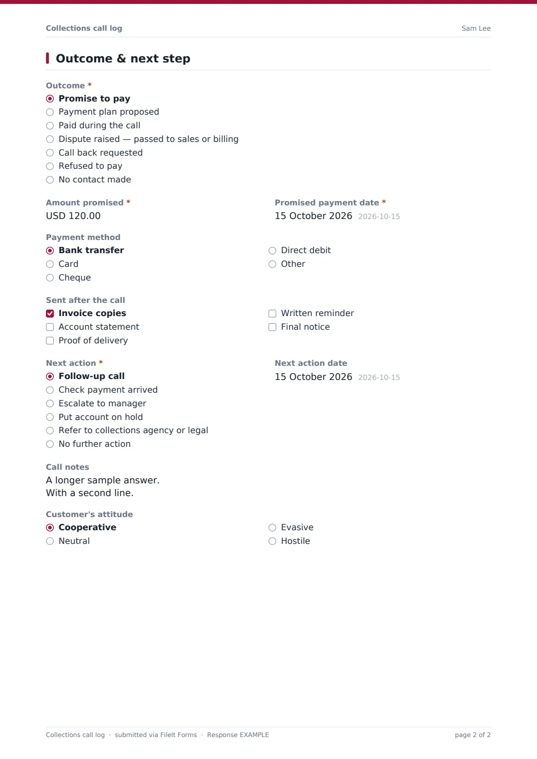 Collections call log — example response PDF, page 2 of 2