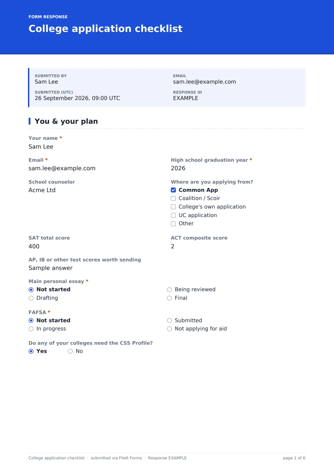 College application checklist — example response PDF, page 1 of 6