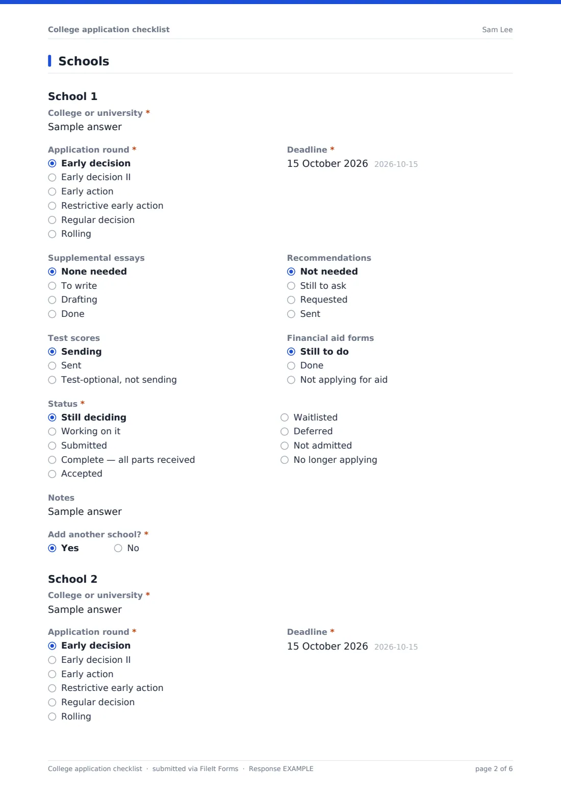 College application checklist — example response PDF, page 2 of 6