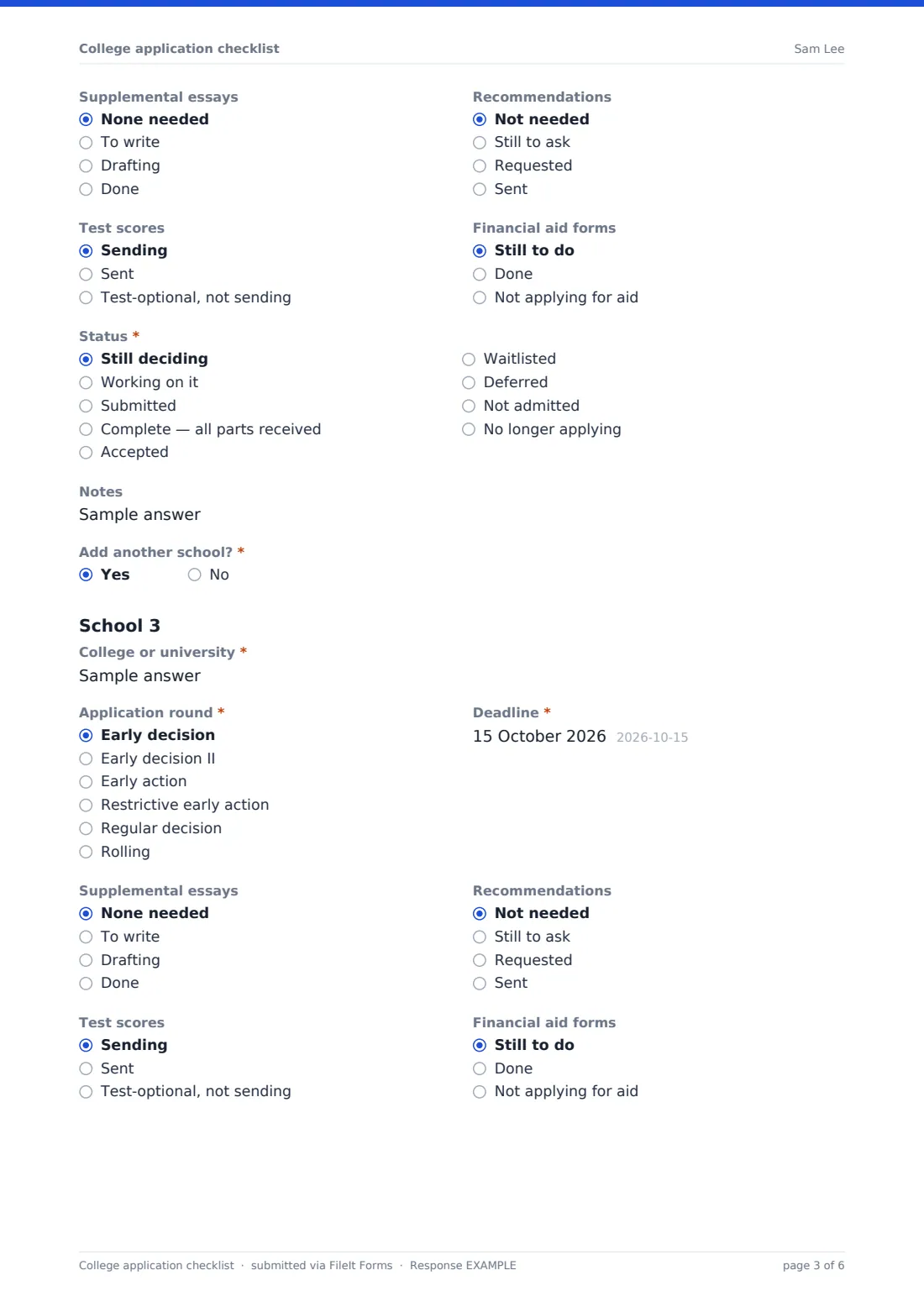 College application checklist — example response PDF, page 3 of 6