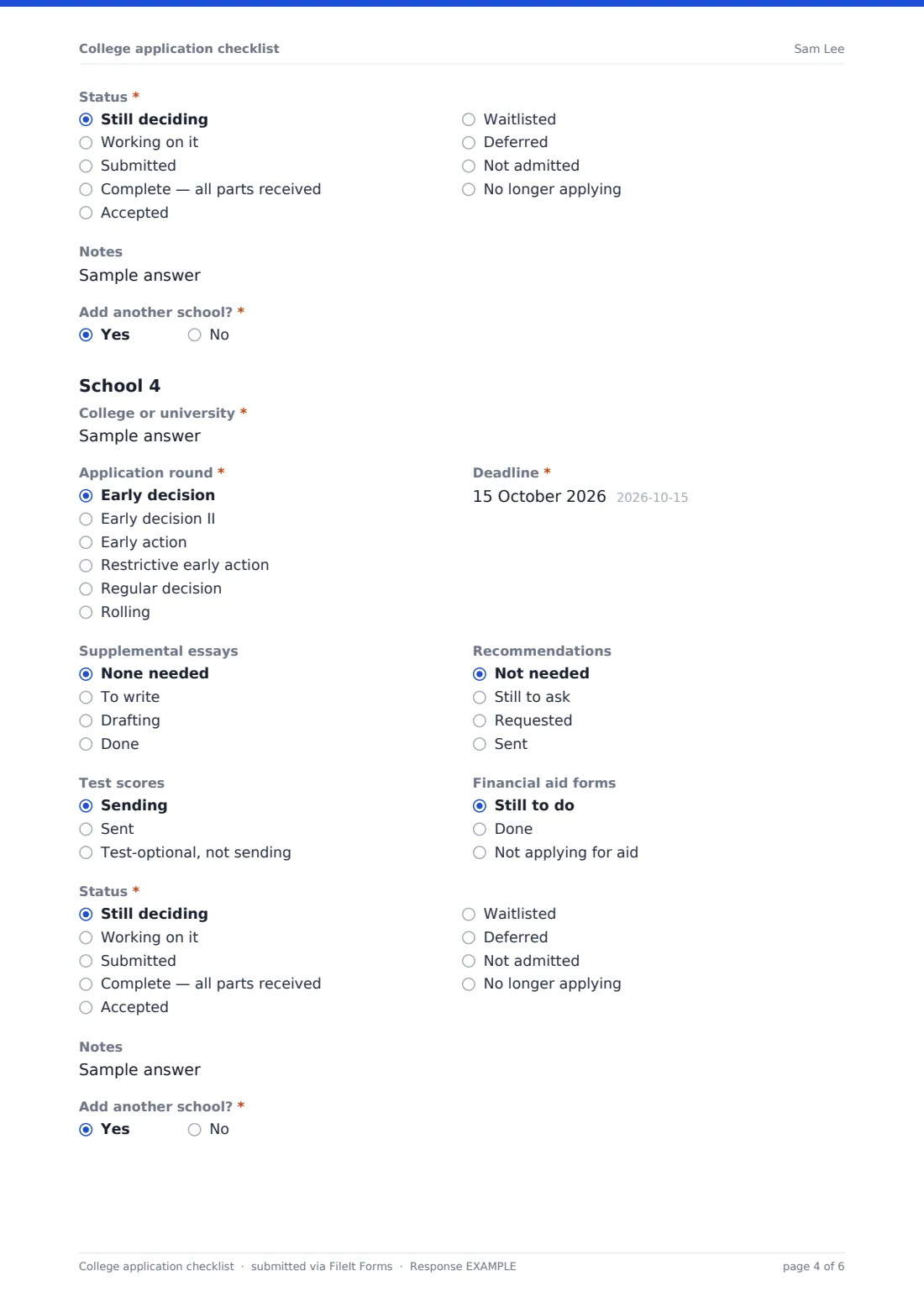 College application checklist — example response PDF, page 4 of 6