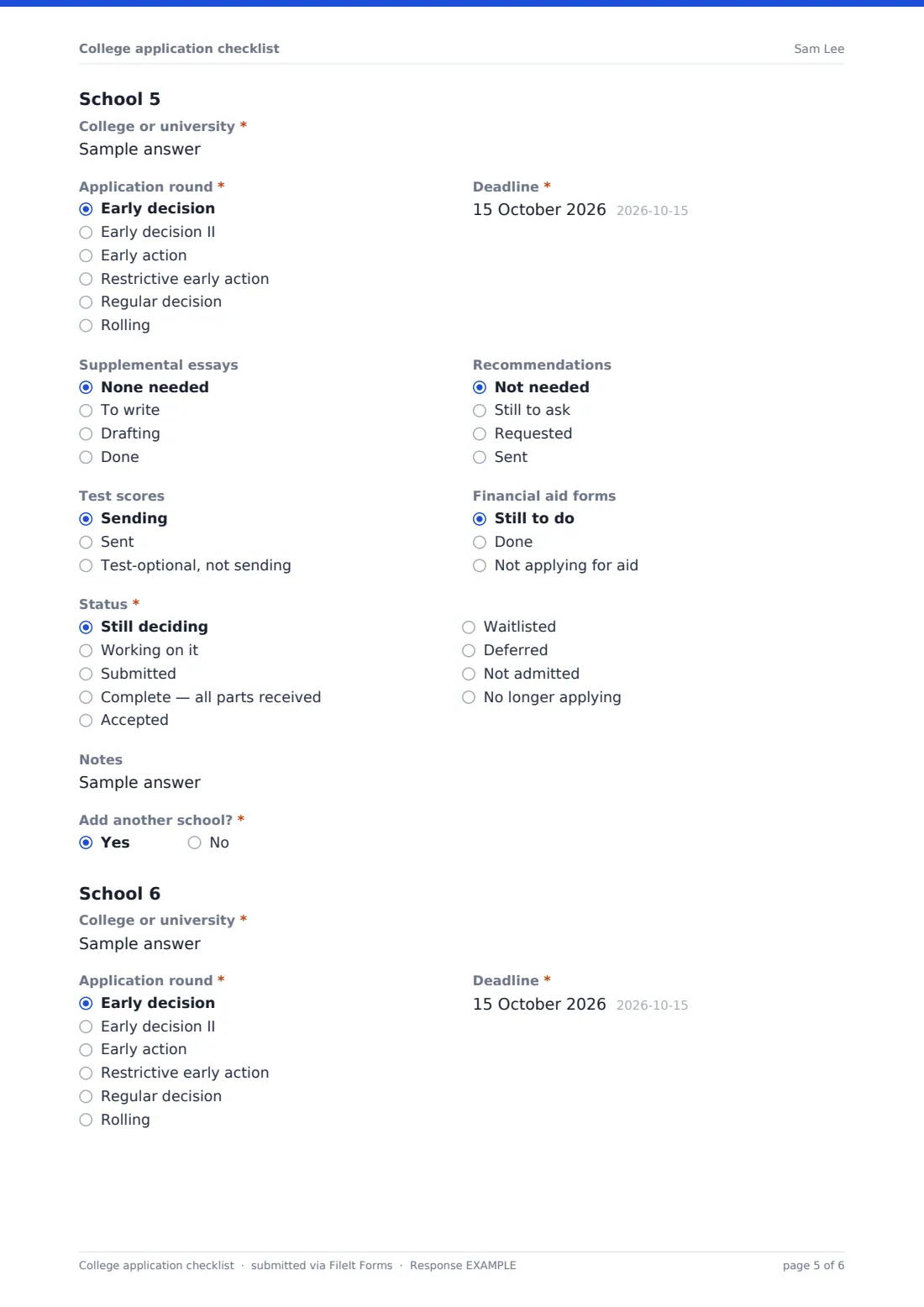 College application checklist — example response PDF, page 5 of 6