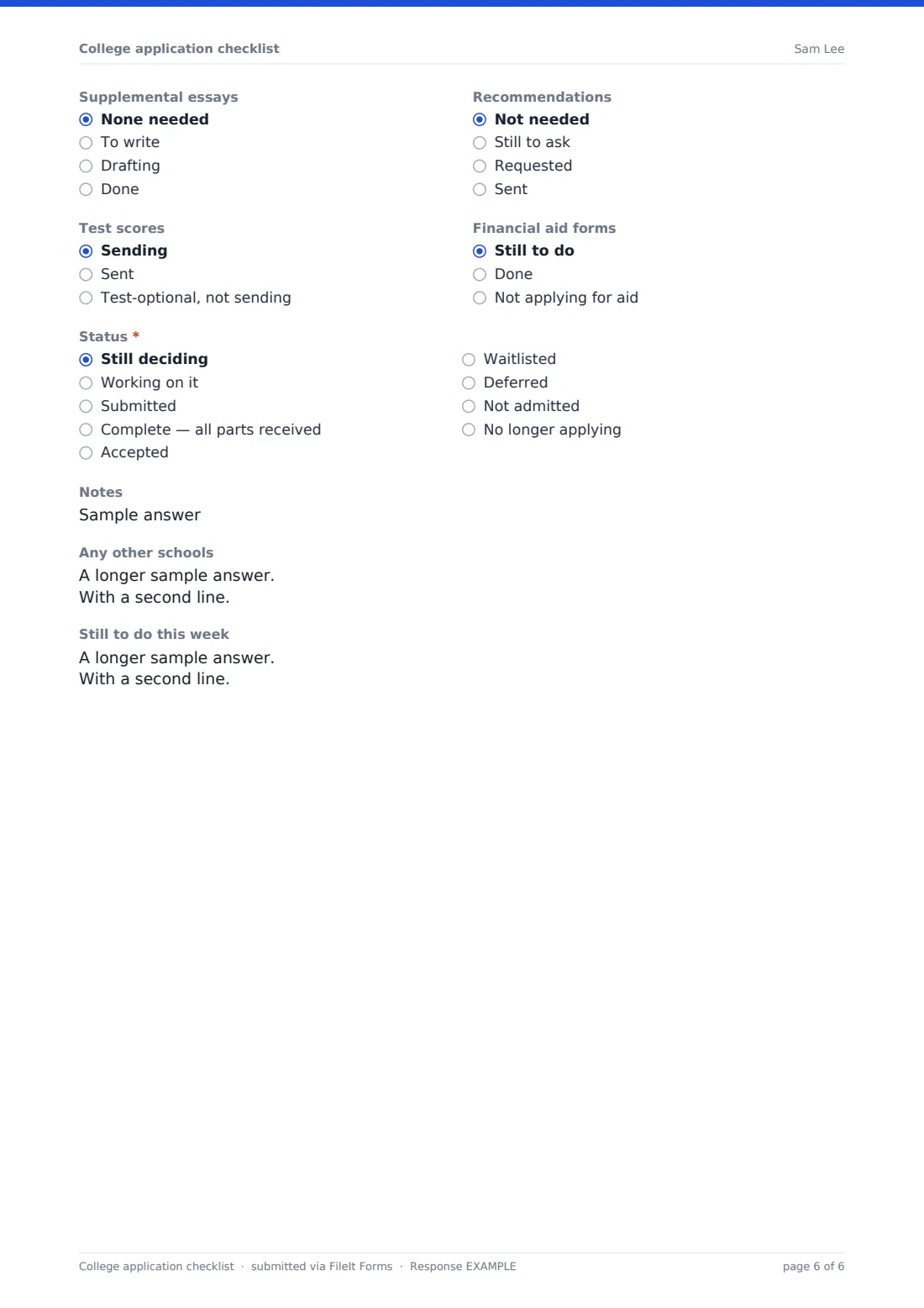 College application checklist — example response PDF, page 6 of 6