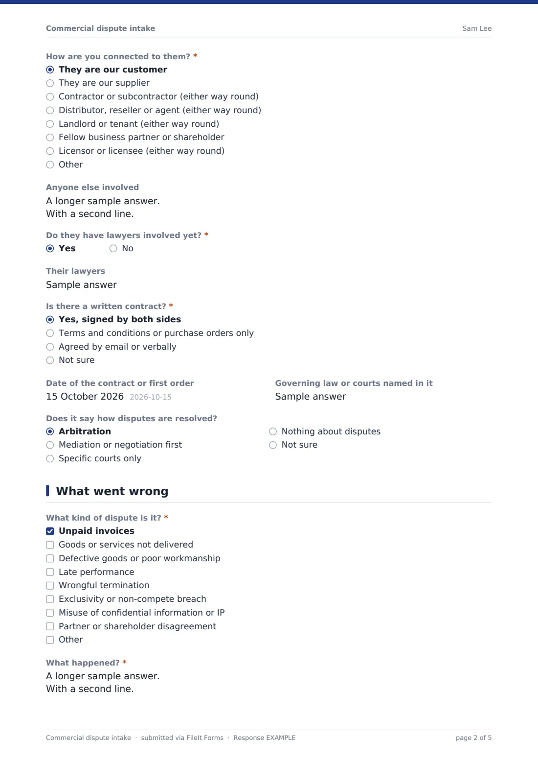 Commercial dispute intake — example response PDF, page 2 of 5