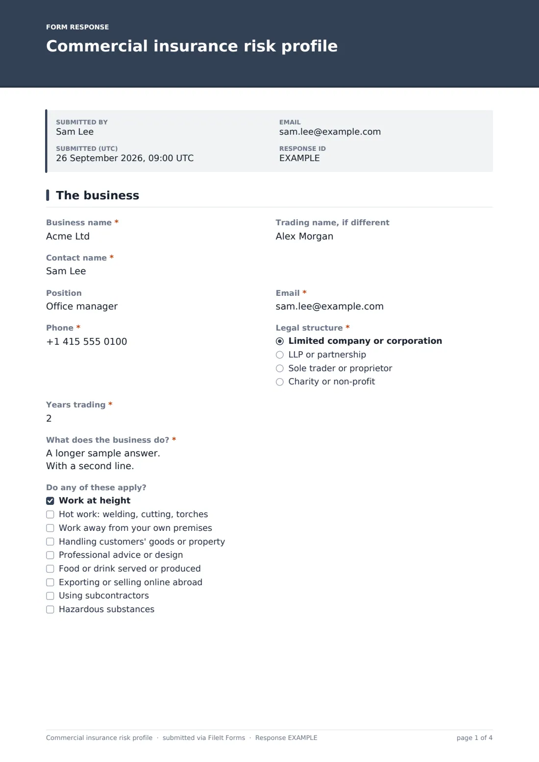 Commercial insurance risk profile — example response PDF, page 1 of 4