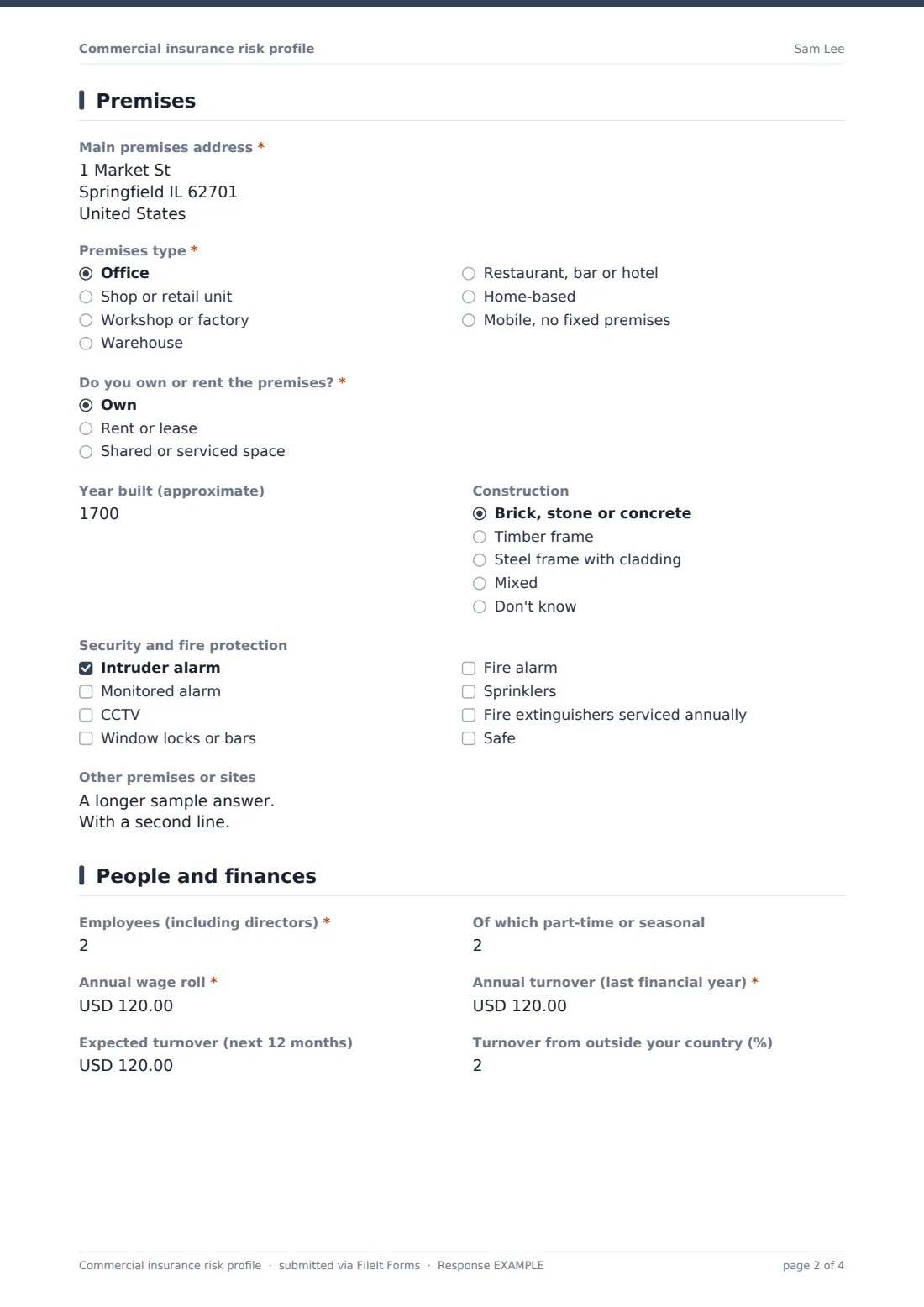 Commercial insurance risk profile — example response PDF, page 2 of 4