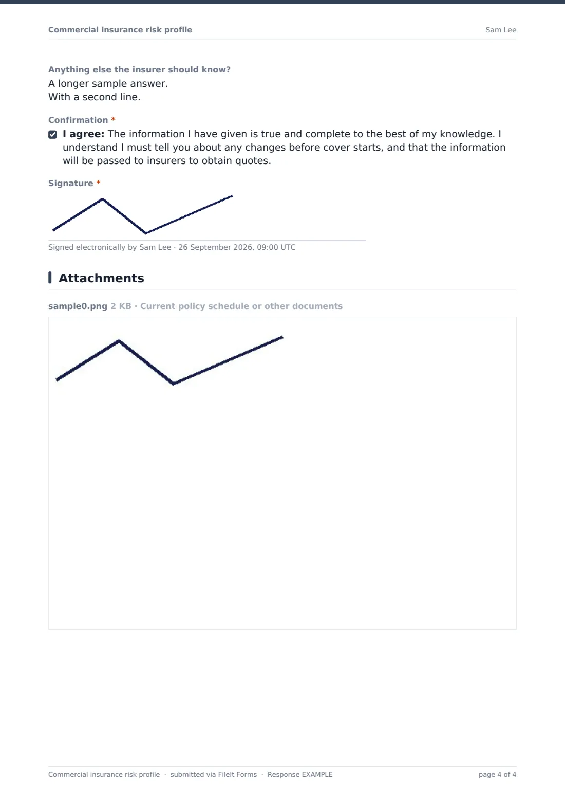 Commercial insurance risk profile — example response PDF, page 4 of 4