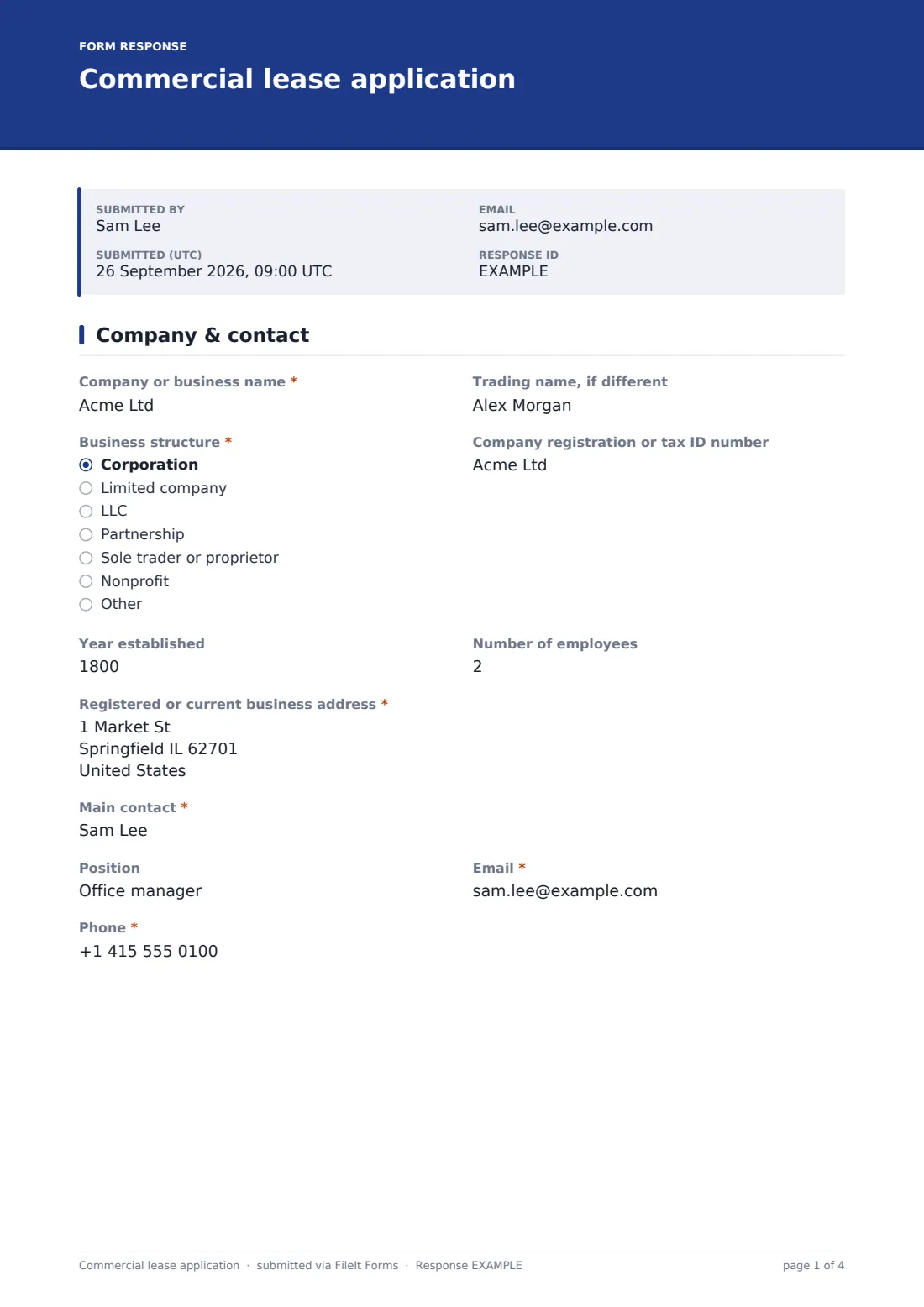 Commercial lease application — example response PDF, page 1 of 4