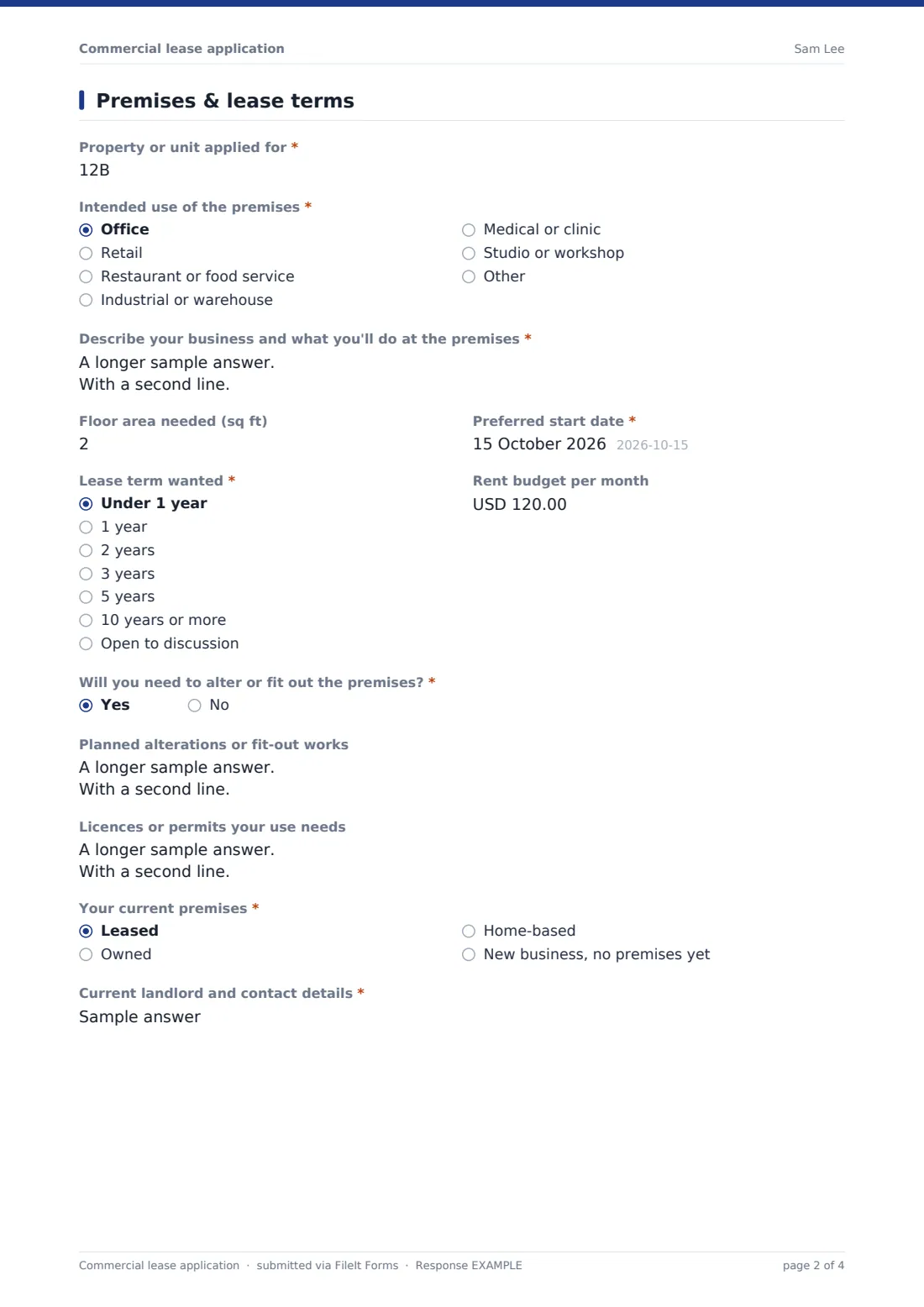 Commercial lease application — example response PDF, page 2 of 4