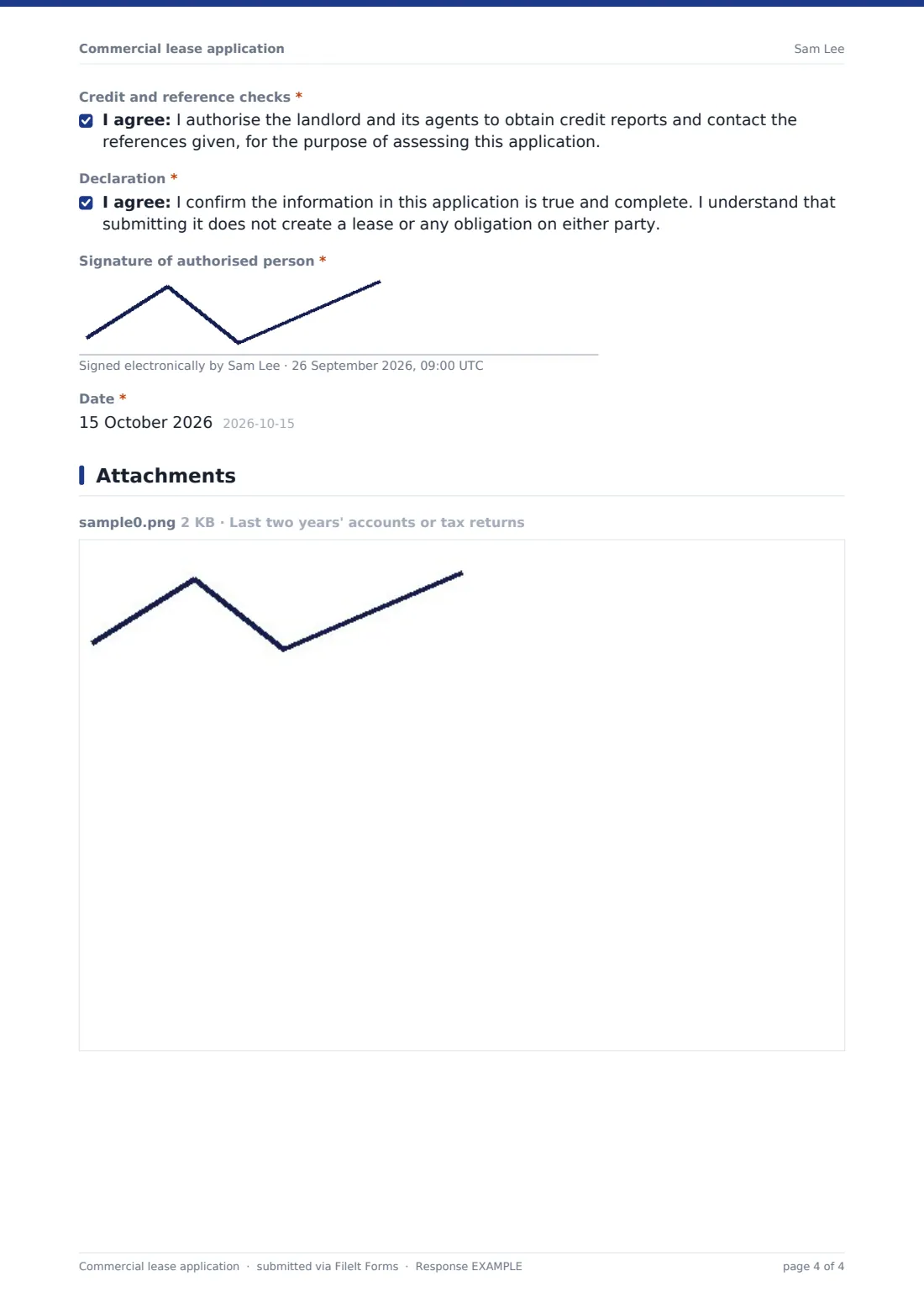 Commercial lease application — example response PDF, page 4 of 4