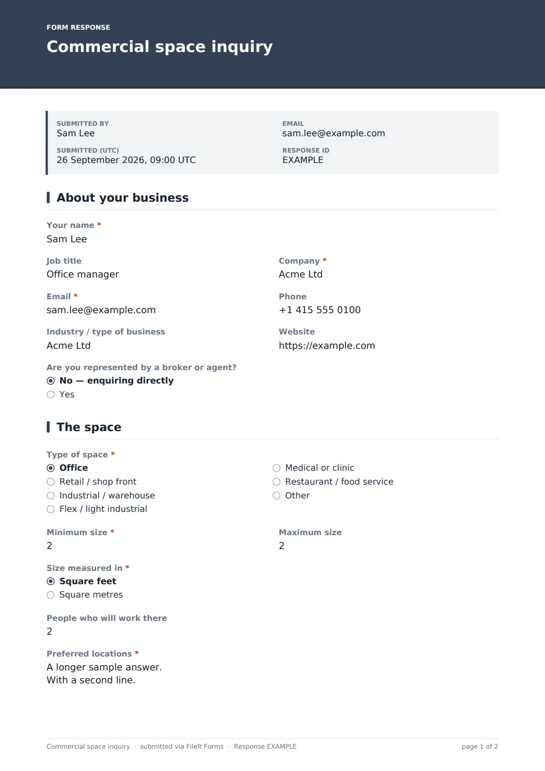 Commercial space inquiry — example response PDF, page 1 of 2