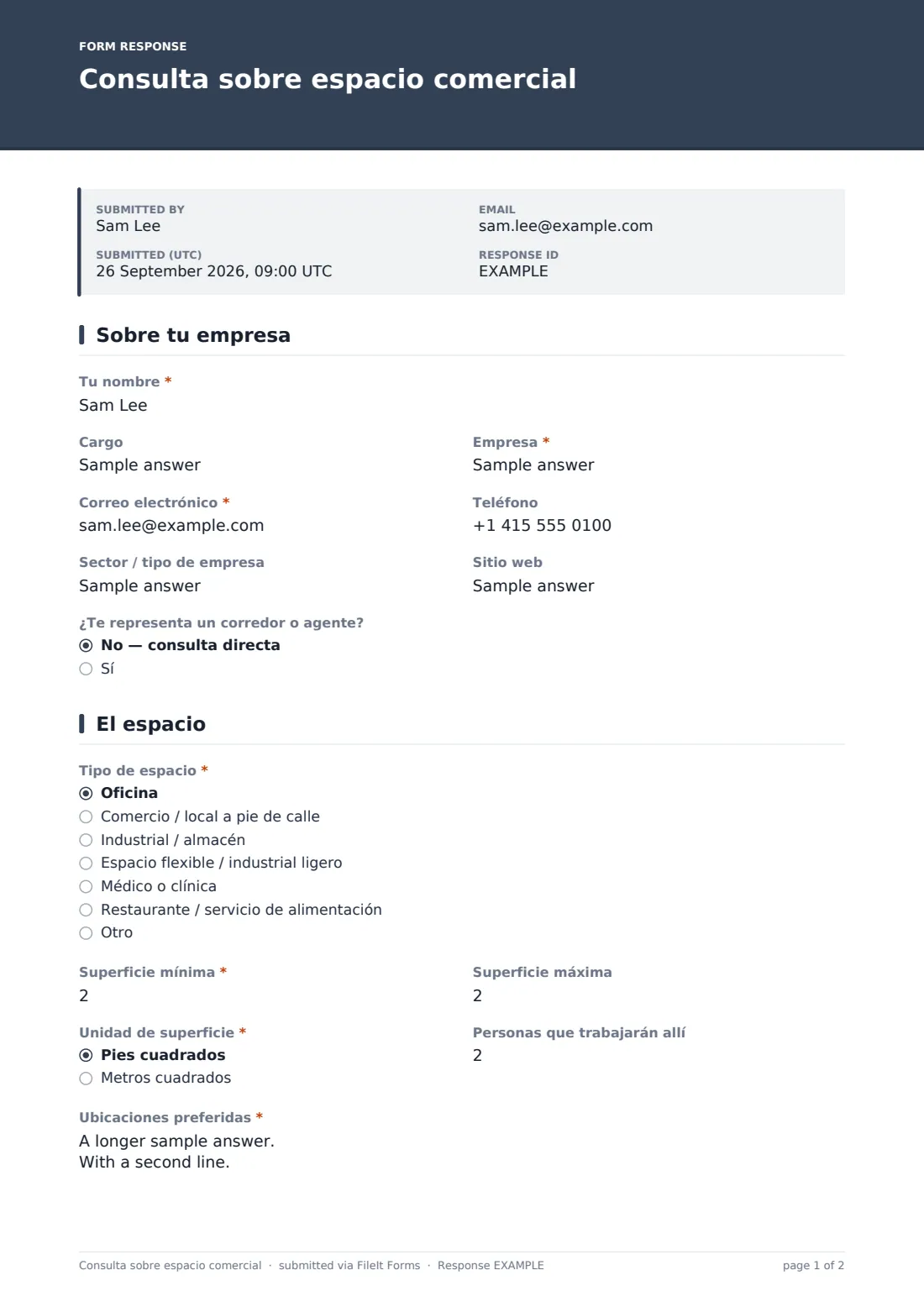 Consulta sobre espacio comercial — PDF de respuesta de ejemplo, página 1 de 2