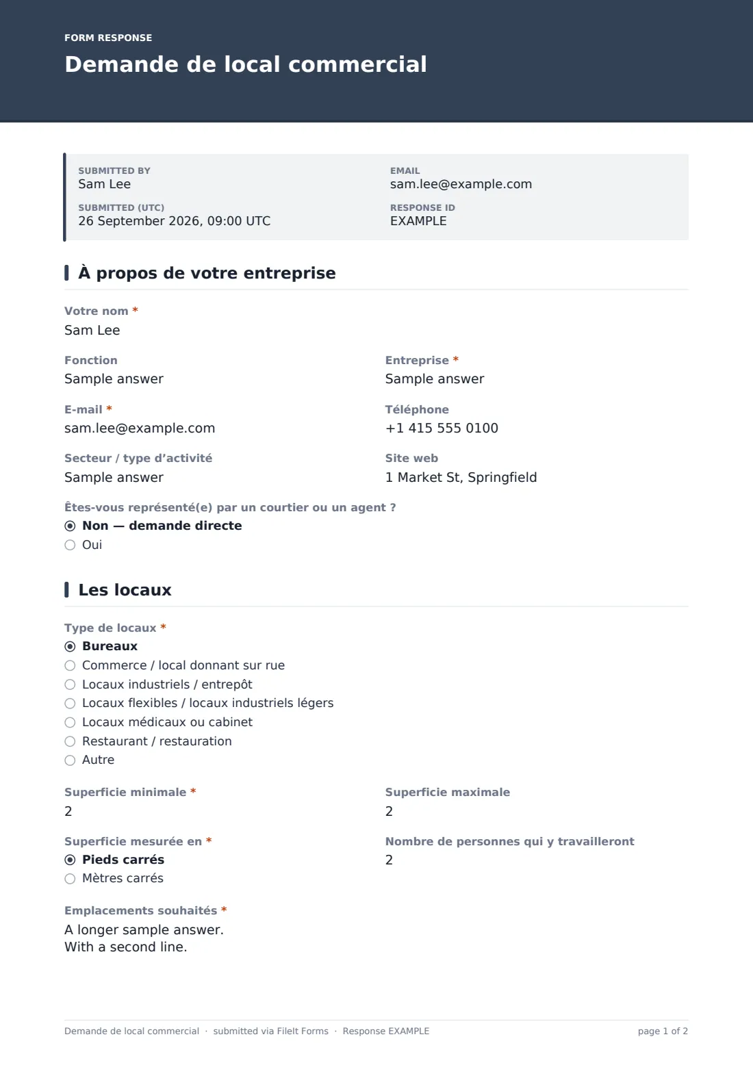 Demande de local commercial — exemple de réponse au format PDF, page 1 sur 2