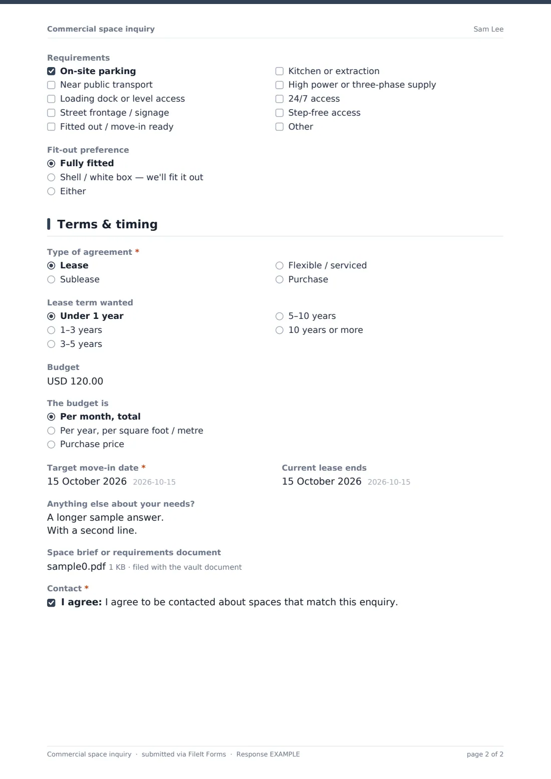 Commercial space inquiry — example response PDF, page 2 of 2