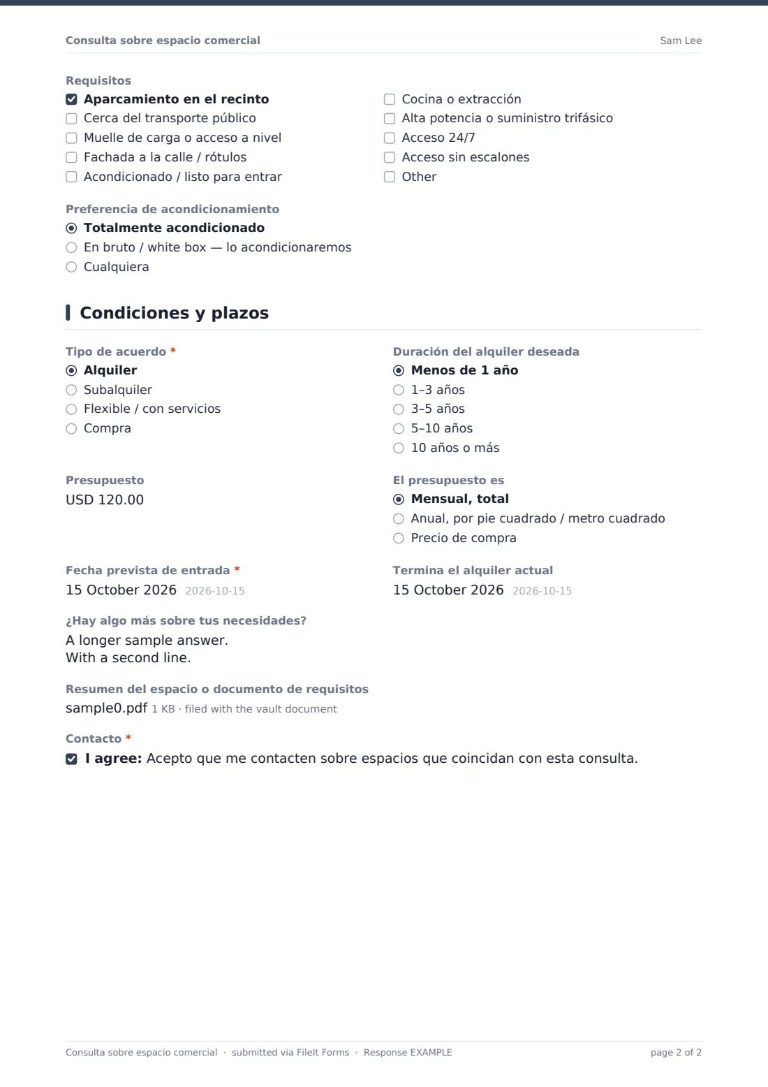 Consulta sobre espacio comercial — PDF de respuesta de ejemplo, página 2 de 2