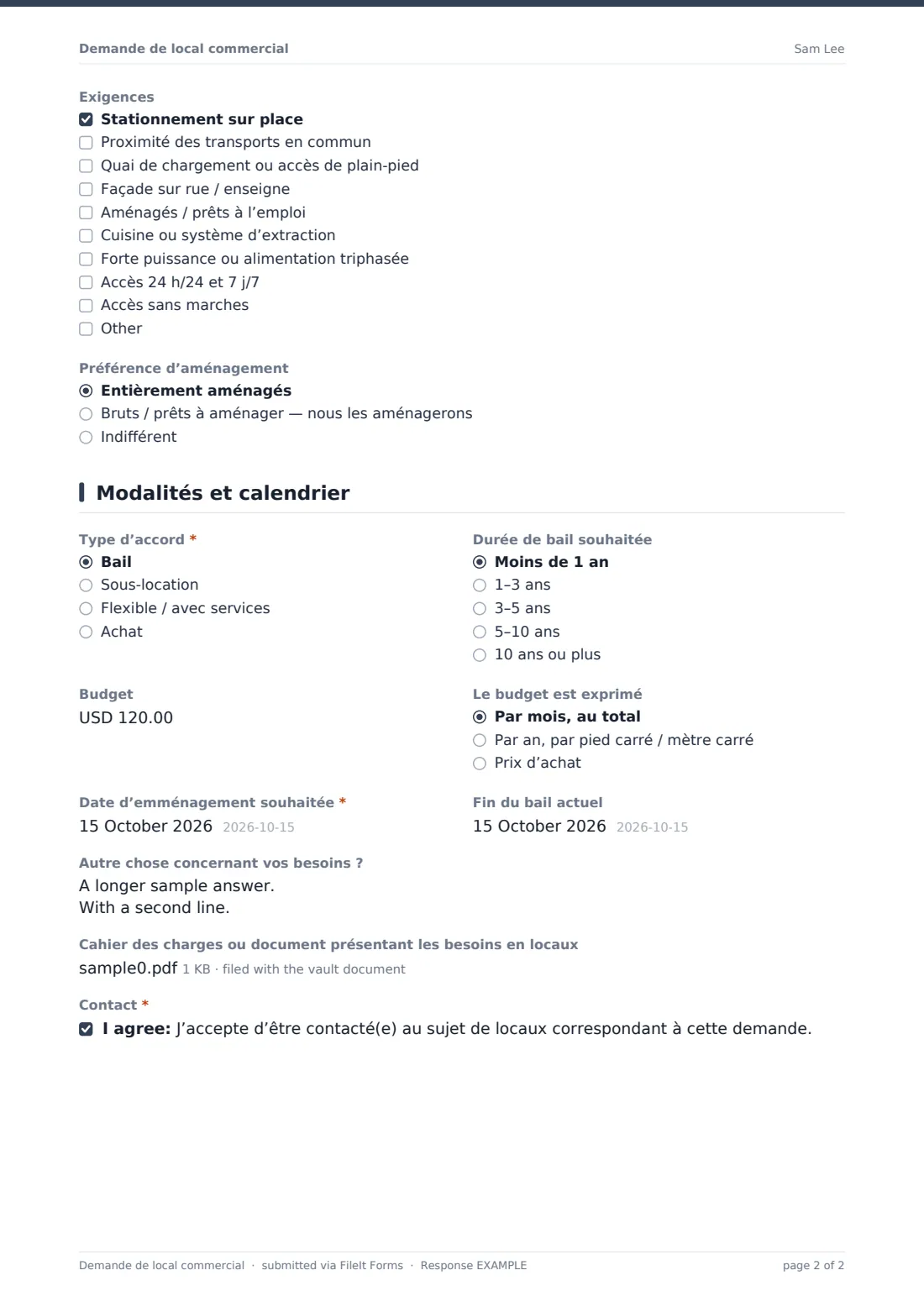 Demande de local commercial — exemple de réponse au format PDF, page 2 sur 2