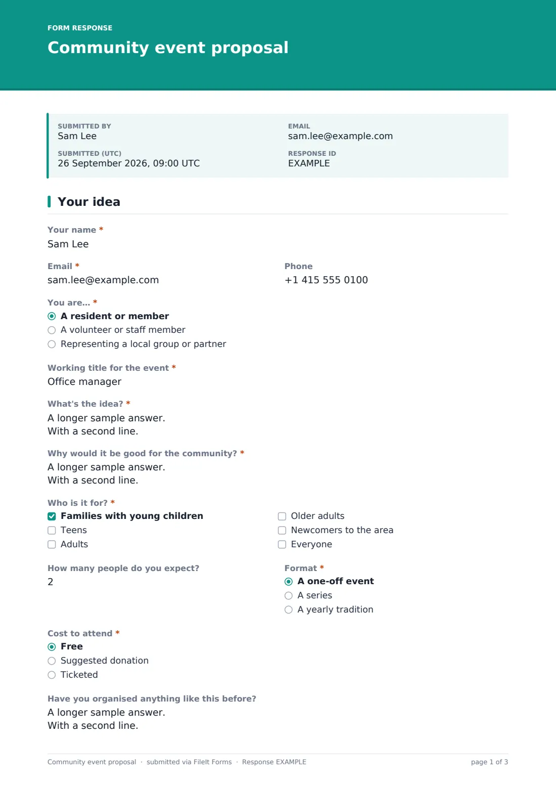 Community event proposal — example response PDF, page 1 of 3
