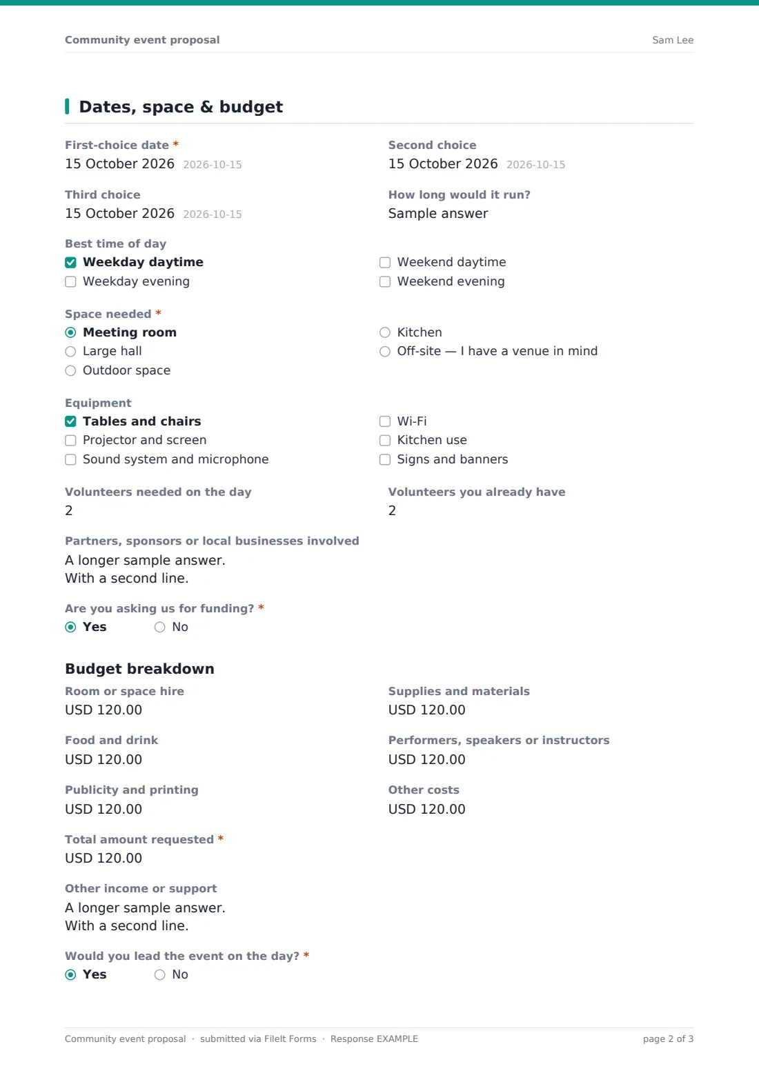 Community event proposal — example response PDF, page 2 of 3