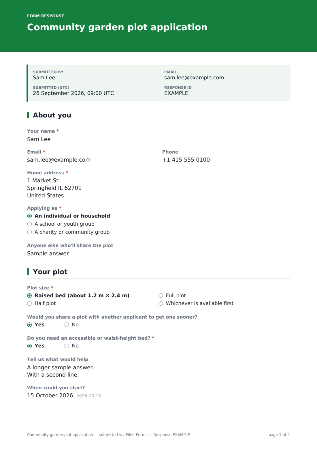 Community garden plot application — example response PDF, page 1 of 2