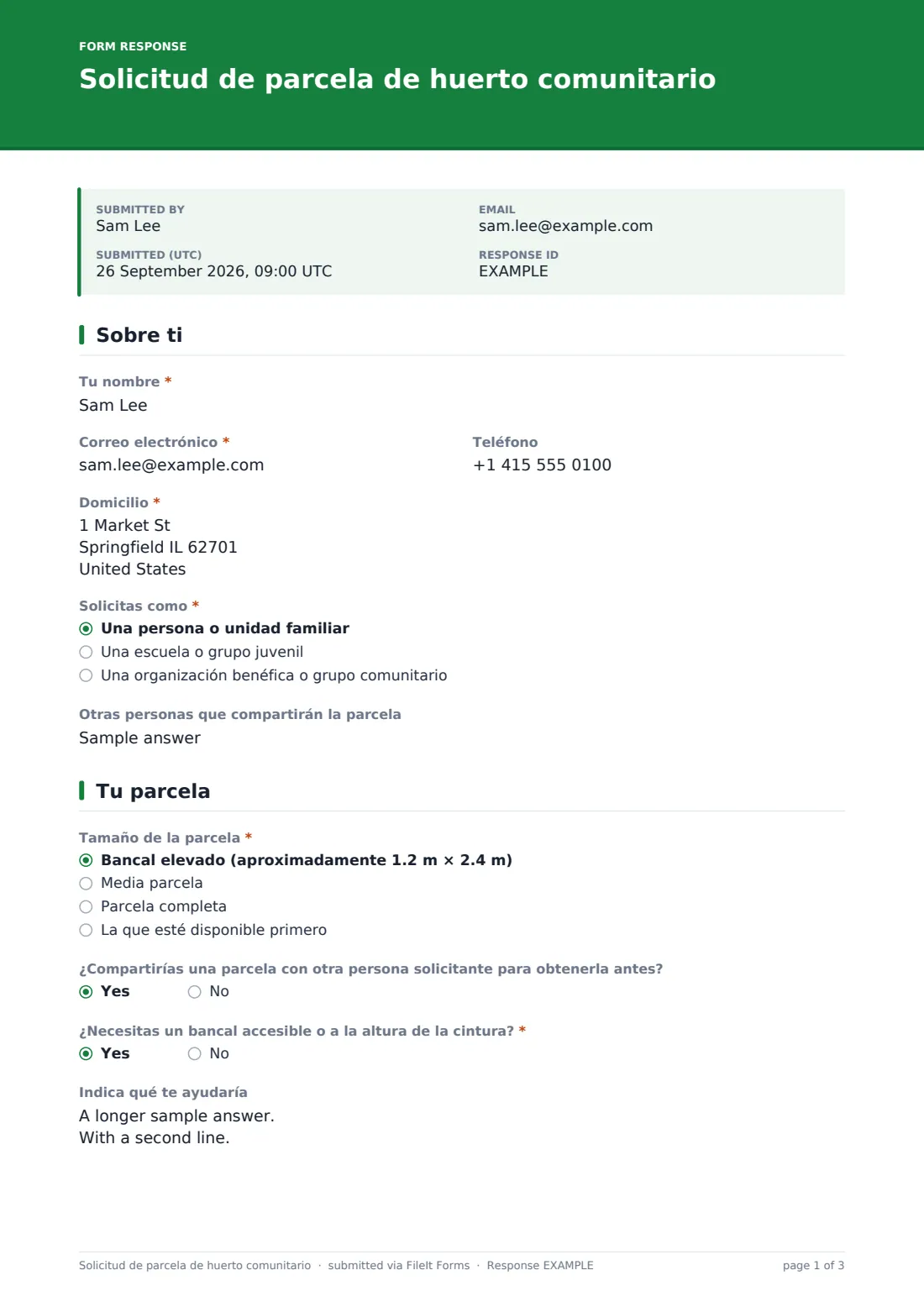 Solicitud de parcela de huerto comunitario — PDF de respuesta de ejemplo, página 1 de 3