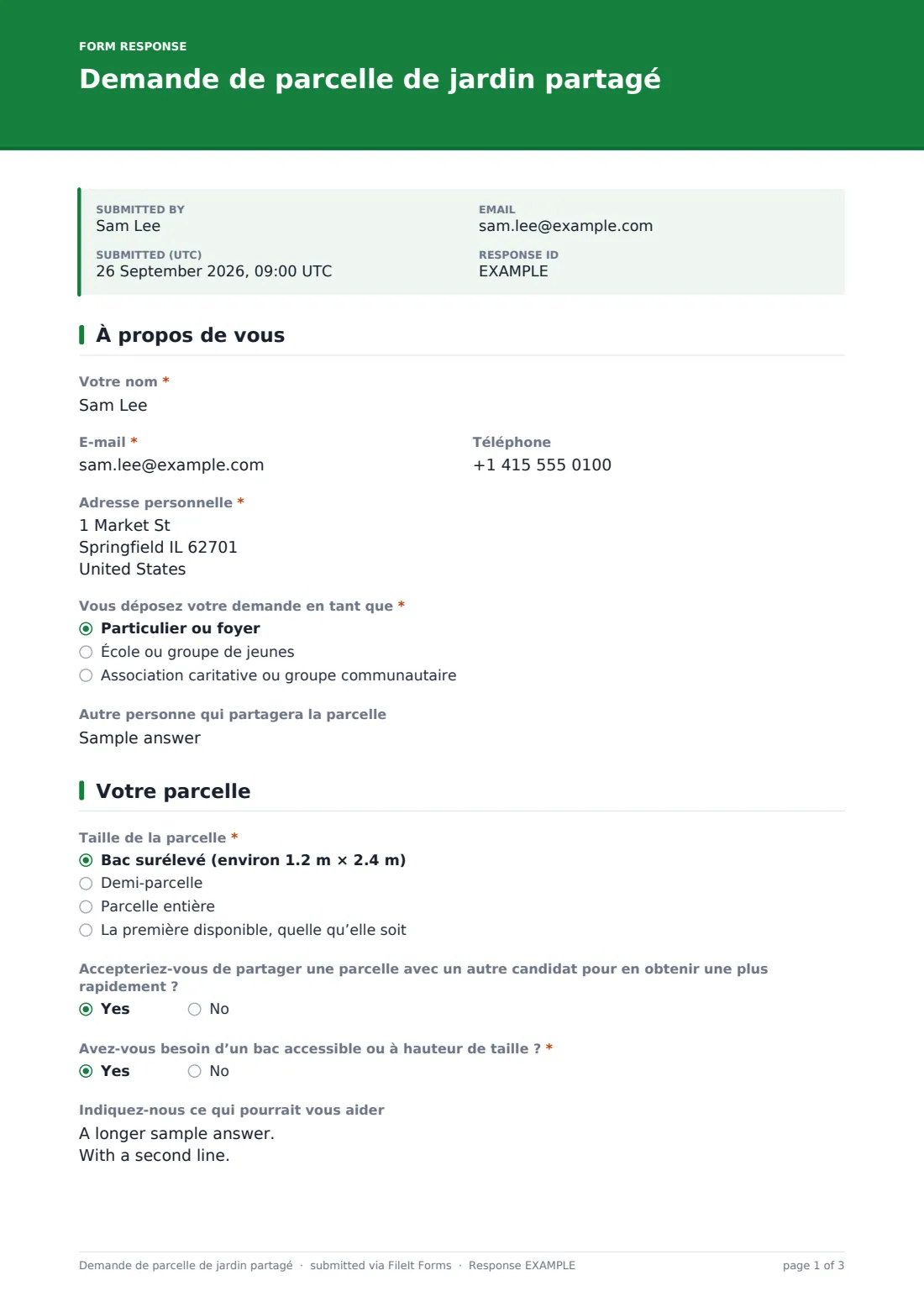 Demande de parcelle de jardin partagé — exemple de réponse au format PDF, page 1 sur 3