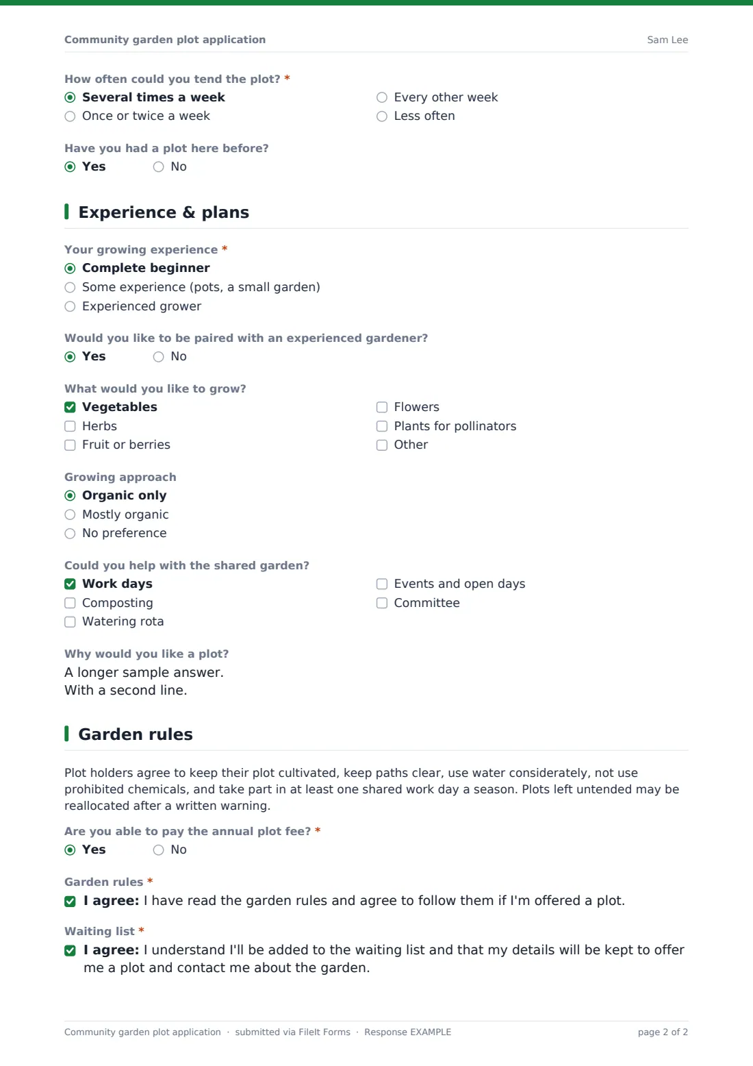 Community garden plot application — example response PDF, page 2 of 2