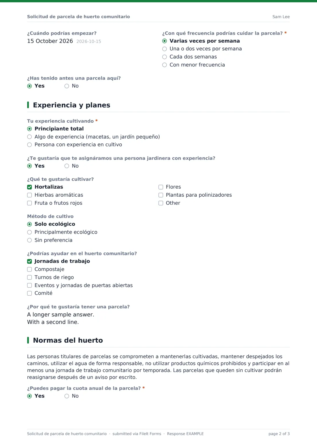 Solicitud de parcela de huerto comunitario — PDF de respuesta de ejemplo, página 2 de 3