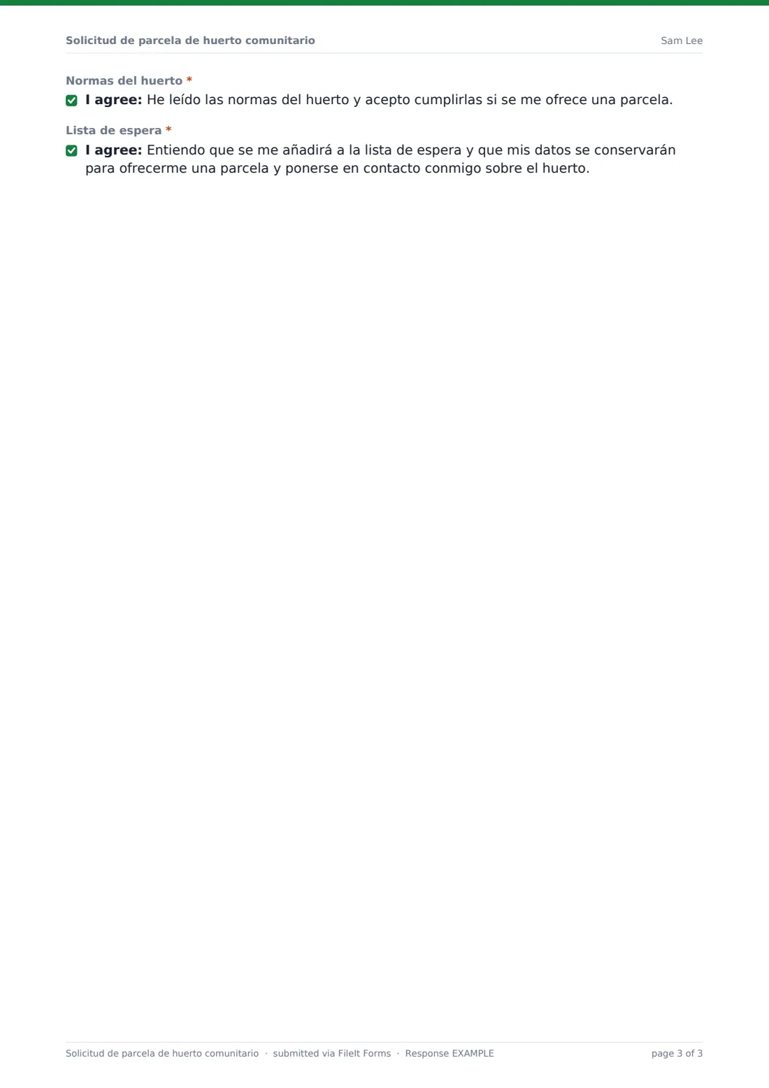 Solicitud de parcela de huerto comunitario — PDF de respuesta de ejemplo, página 3 de 3