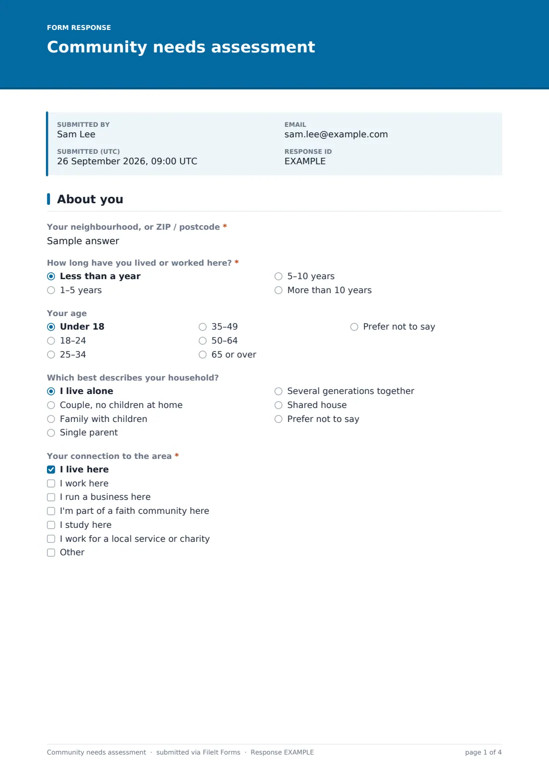 Community needs assessment — example response PDF, page 1 of 4