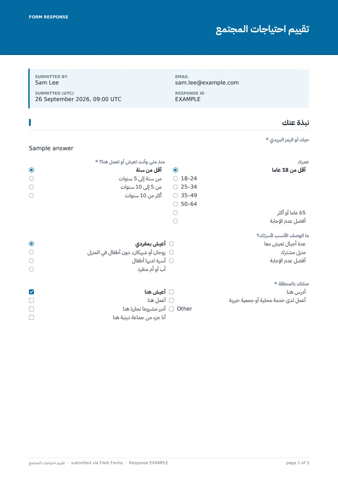 تقييم احتياجات المجتمع — ملف PDF لرد نموذجي، الصفحة 1 من 3
