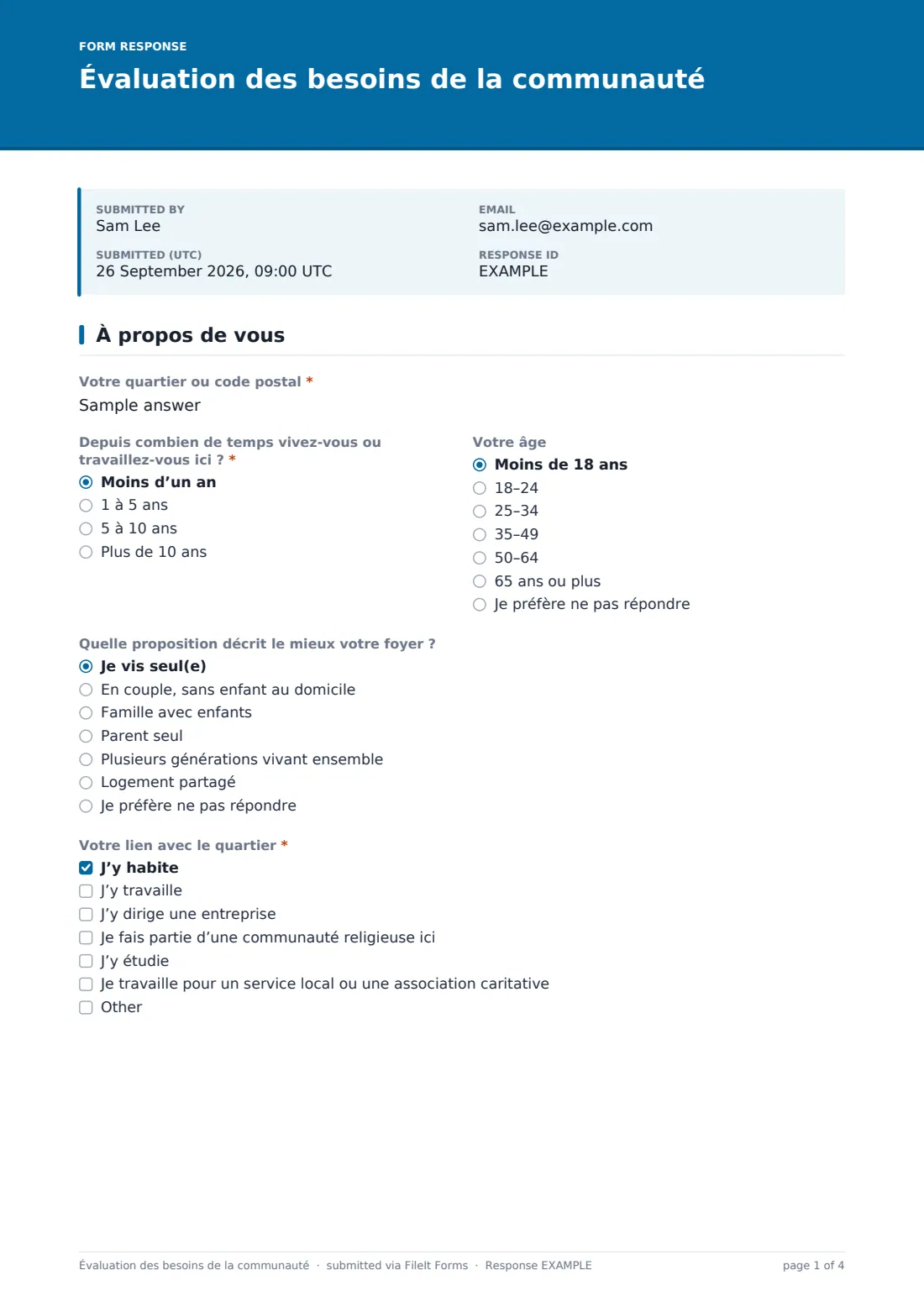 Évaluation des besoins de la communauté — exemple de réponse au format PDF, page 1 sur 4