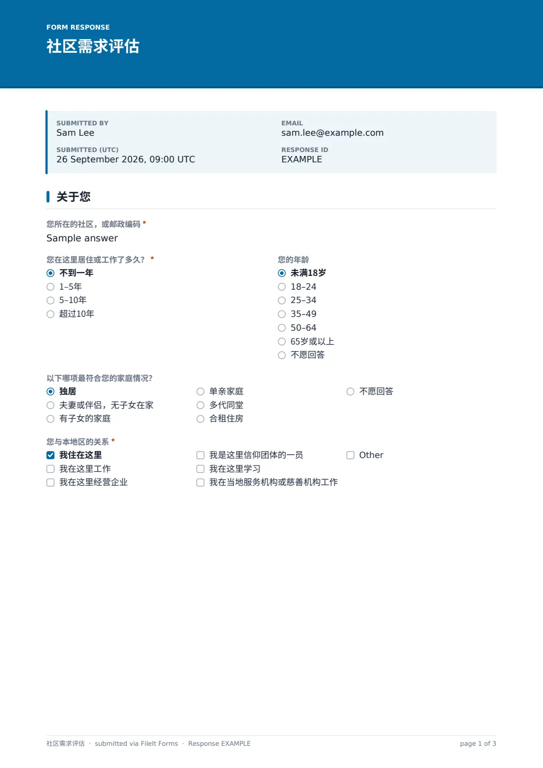 社区需求评估 — 示例回复 PDF，第 1 页，共 3 页