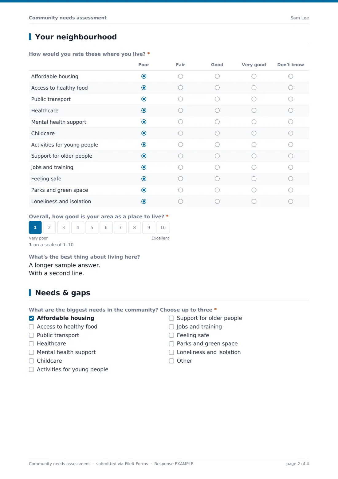 Community needs assessment — example response PDF, page 2 of 4